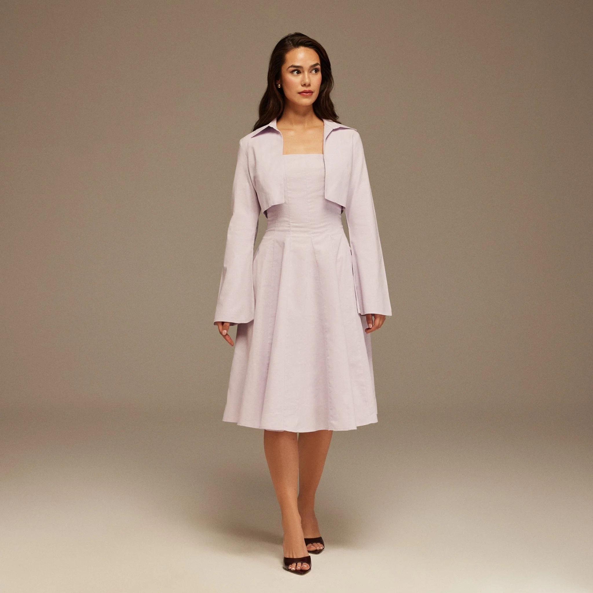 Lilac Aline Midi Dress With Short Flared Long Sleeve Jacket