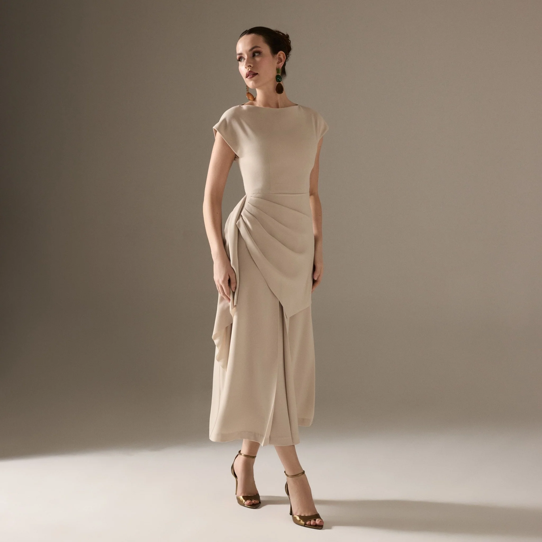 Asymmetric Neck Angel Sleeve Midi Dress - Image 2
