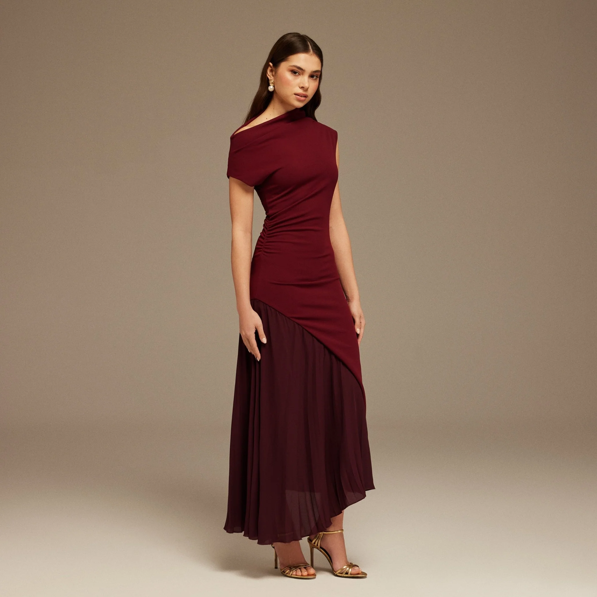 Burgundy Asymmetric Neckline Midi Dress with Pleats - Image 2
