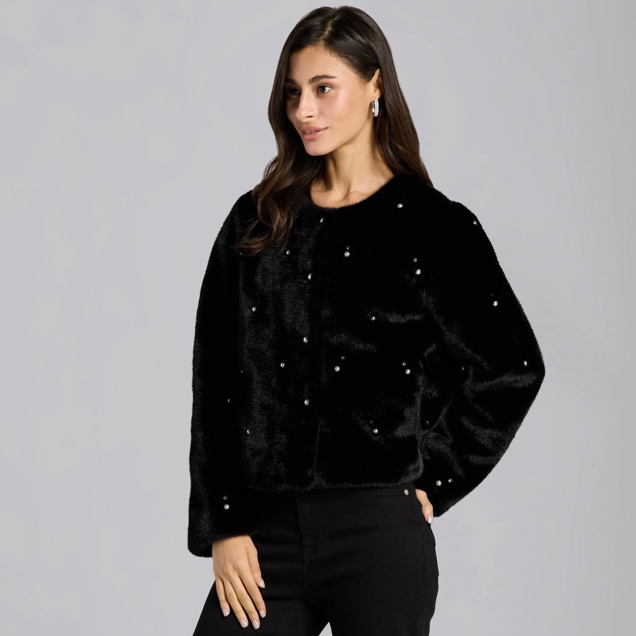 Black Faux Mink Fur Pearl-Embellished Jacket - Image 3