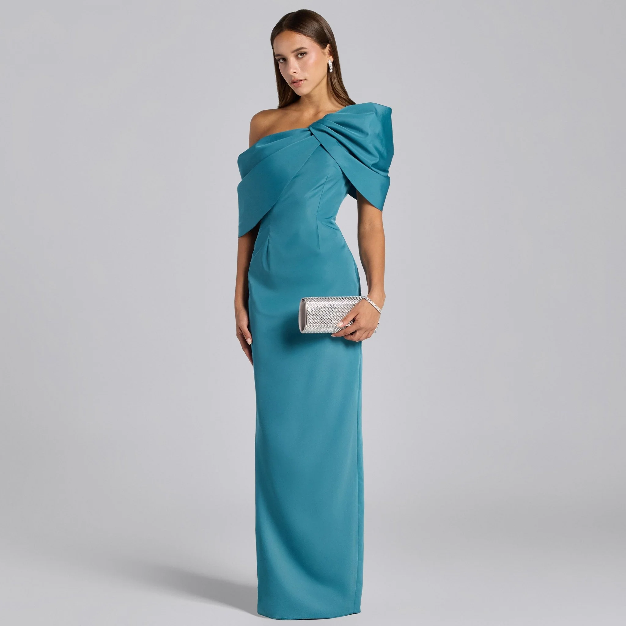 Blue Taffeta Off Shoulder Draped Maxi Dress