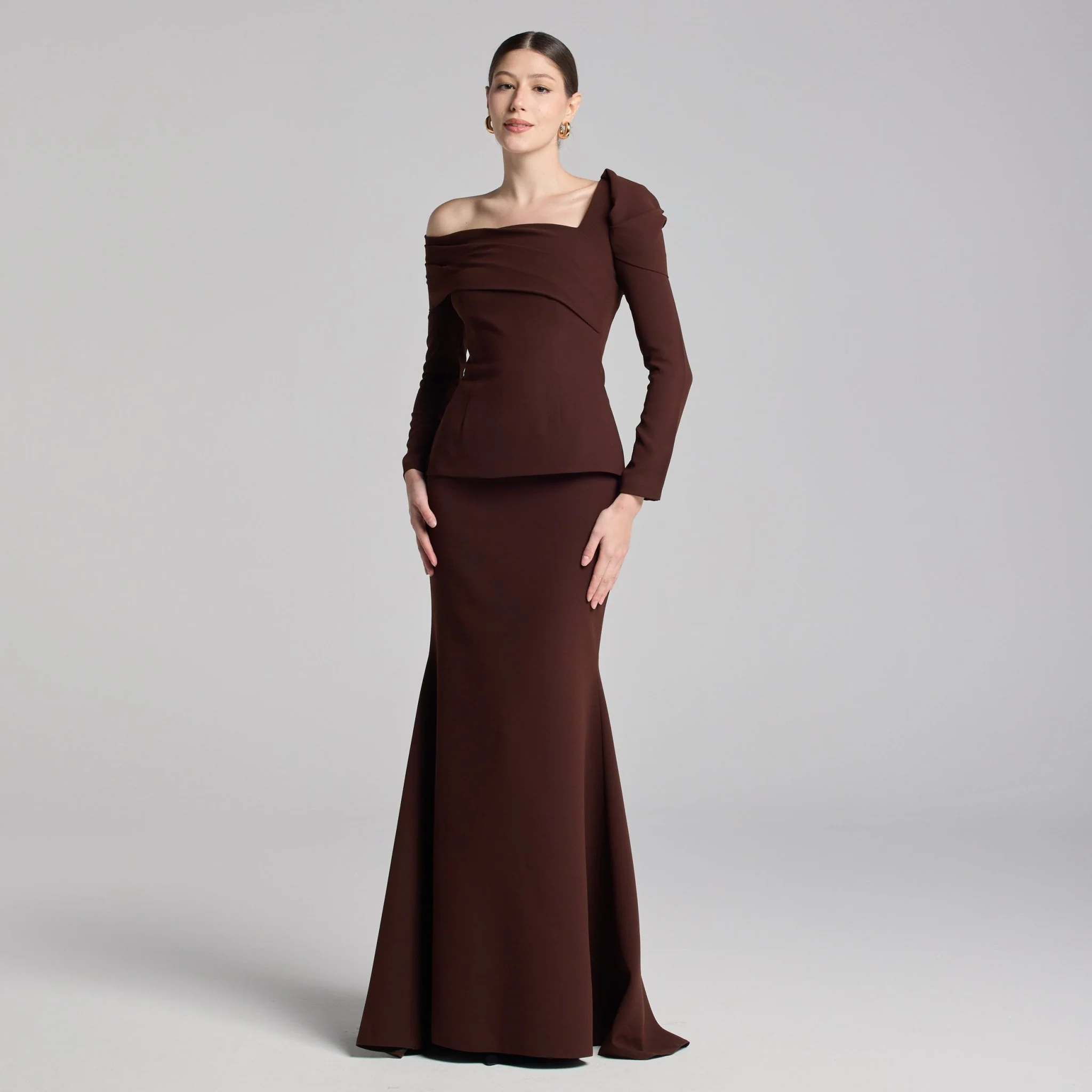 Brown Crepe Off Shoulder Draped Maxi Dress