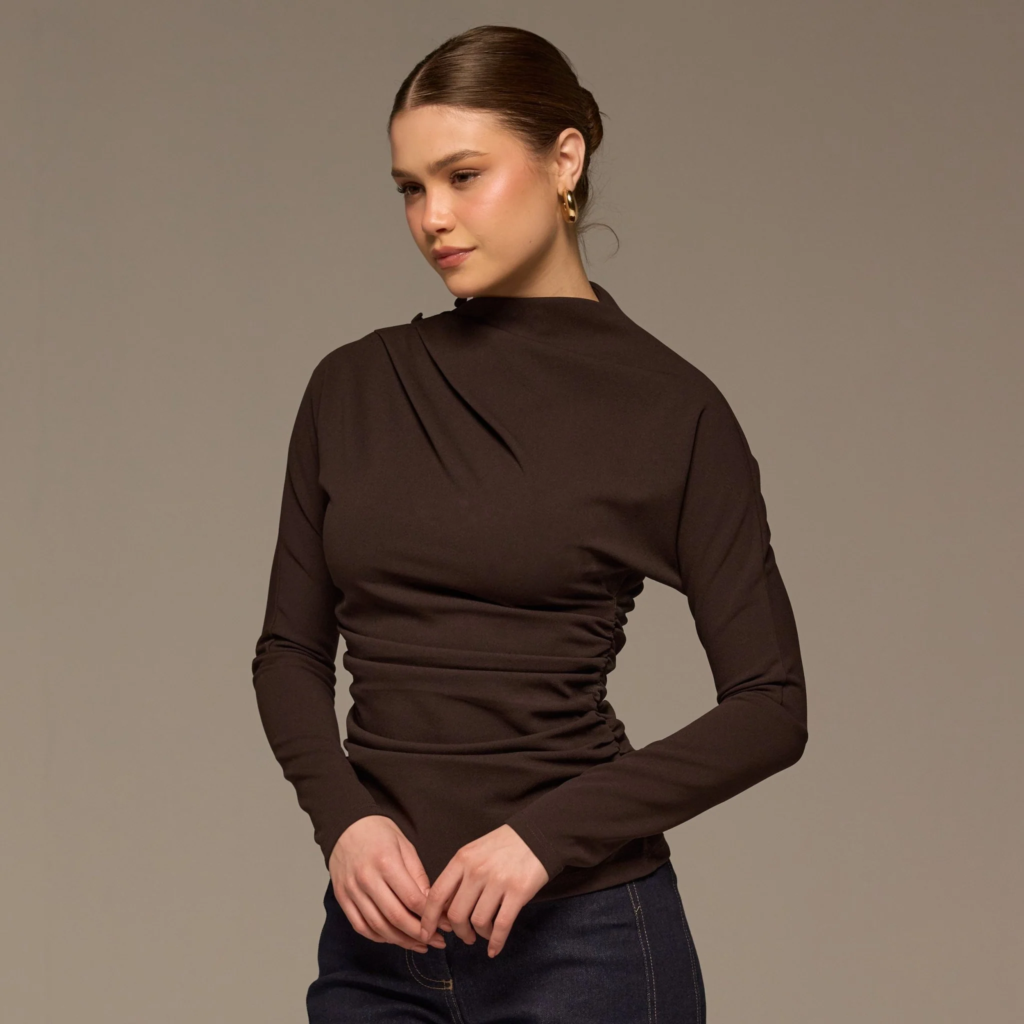 Brown Draped Crepe Blouse - Image 2