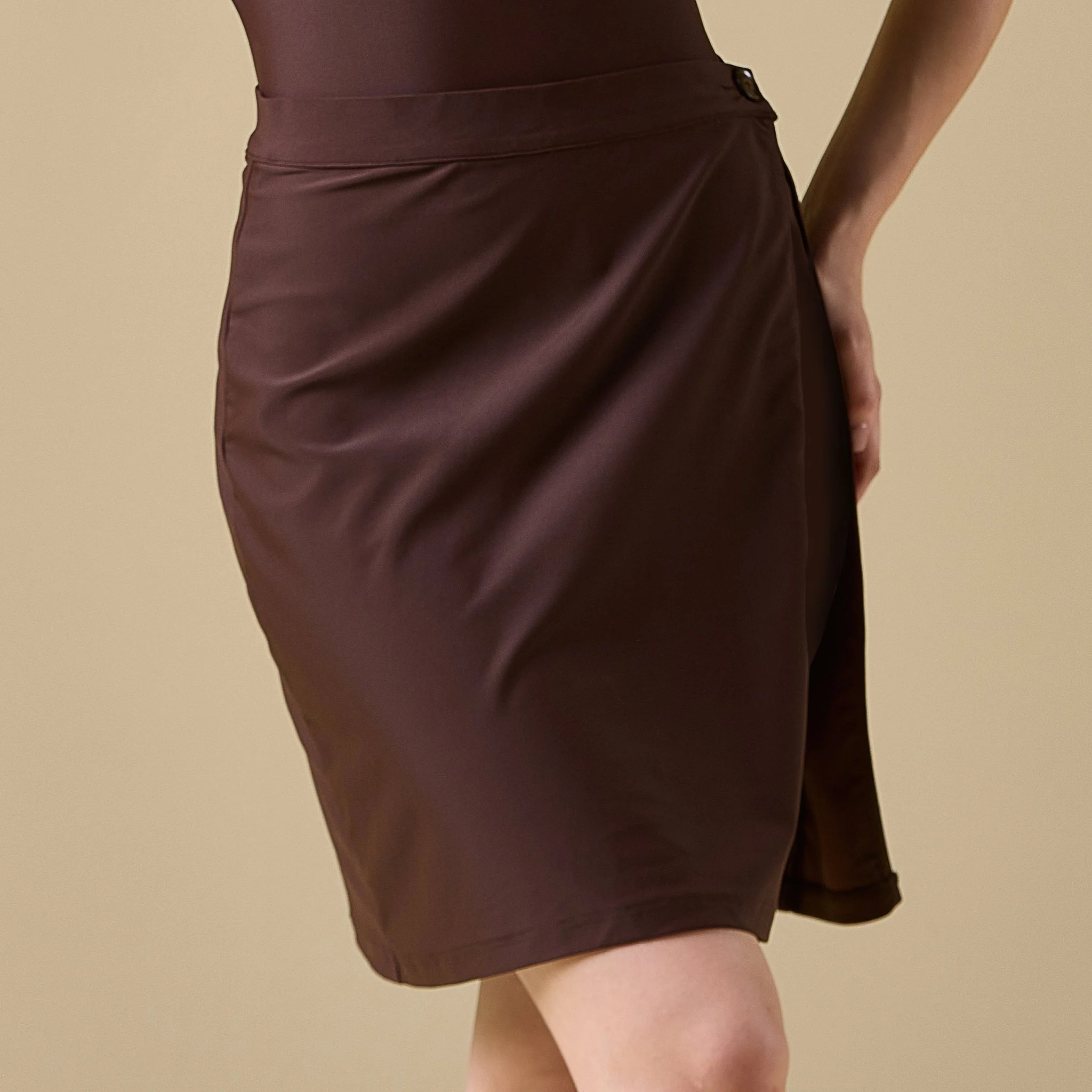 Brown Knee Length Swim Skirt with Built in Short