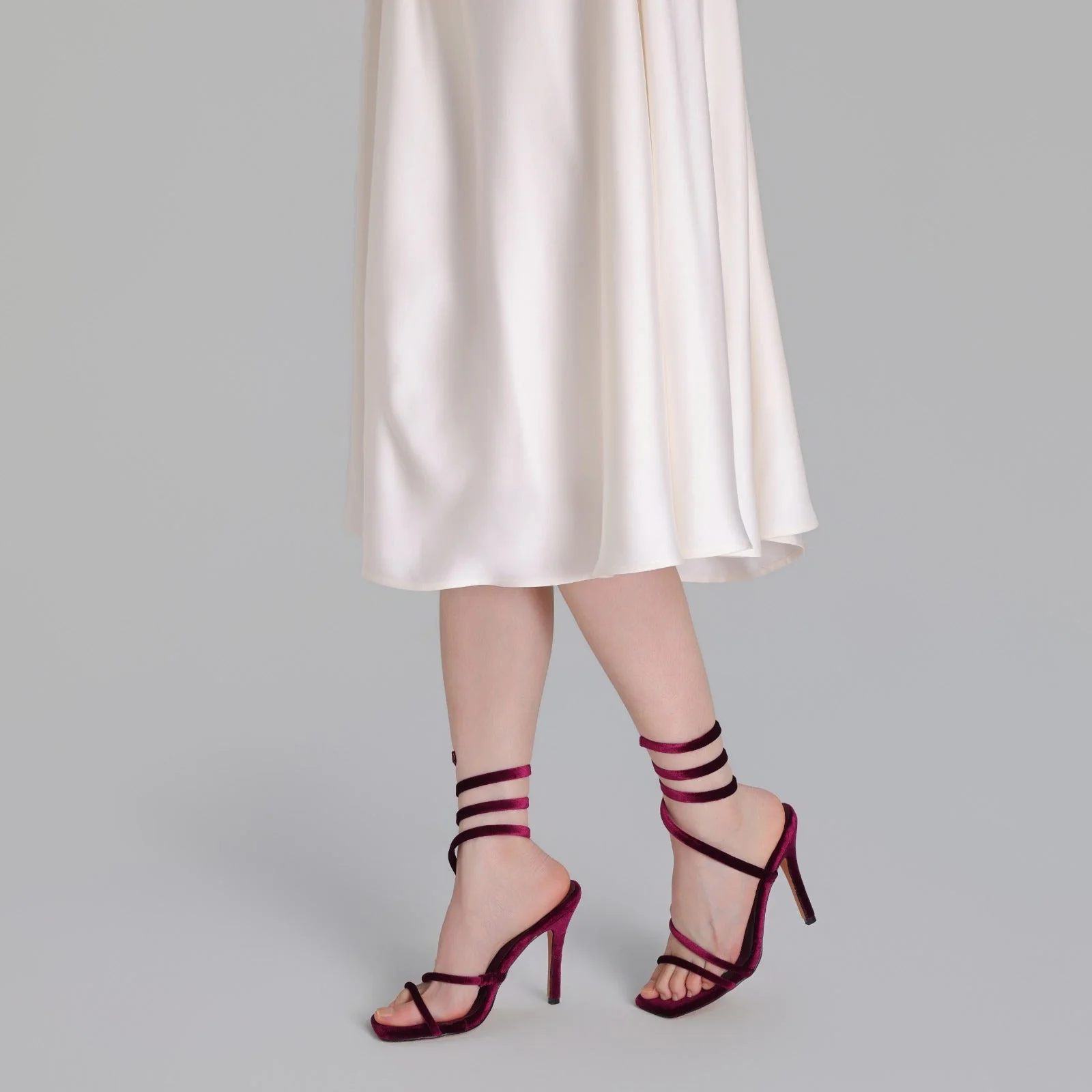 Burgundy Velvet Spiral Strap High Heel Sandals - Image 3