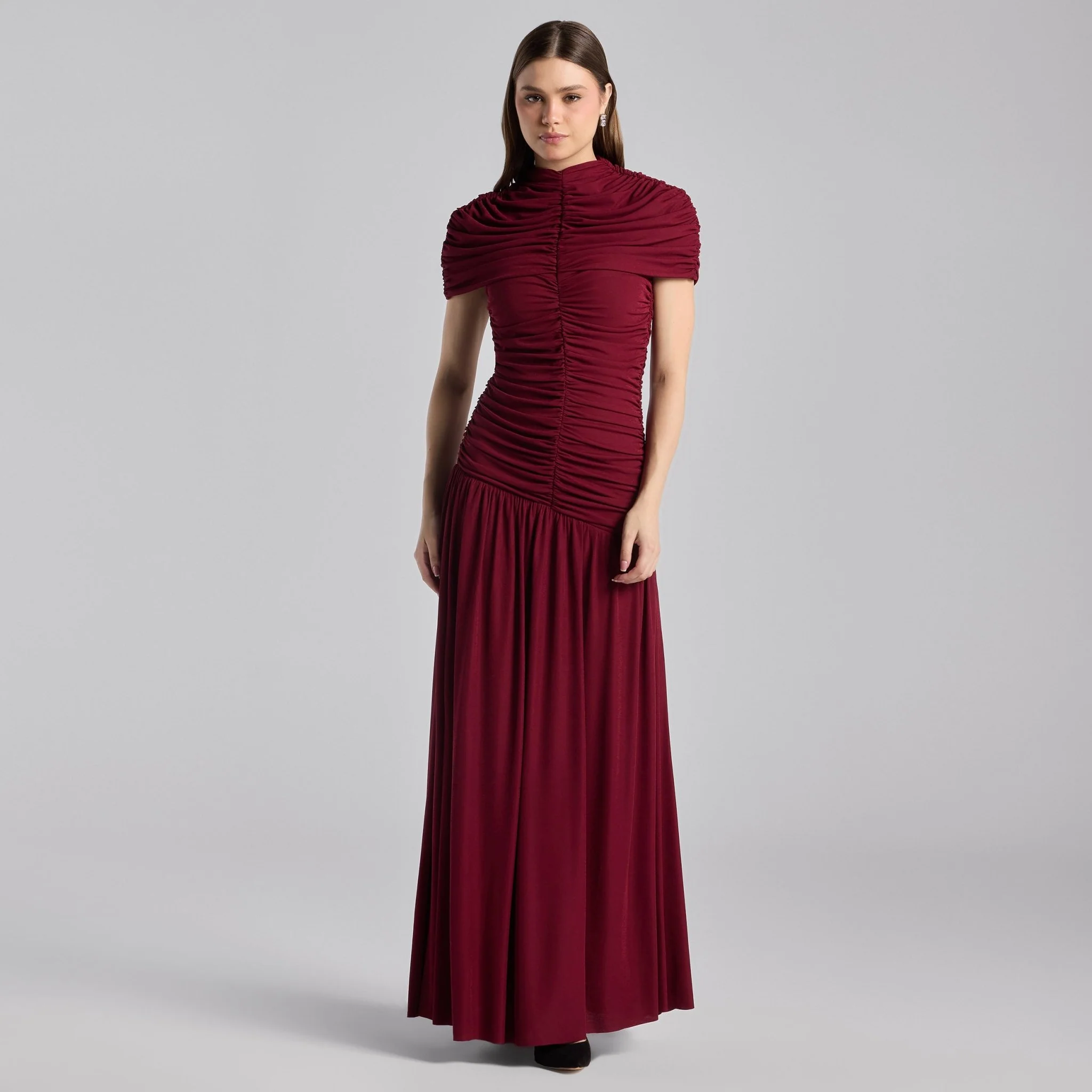 Burgundy Ruched Jersey Maxi Dress