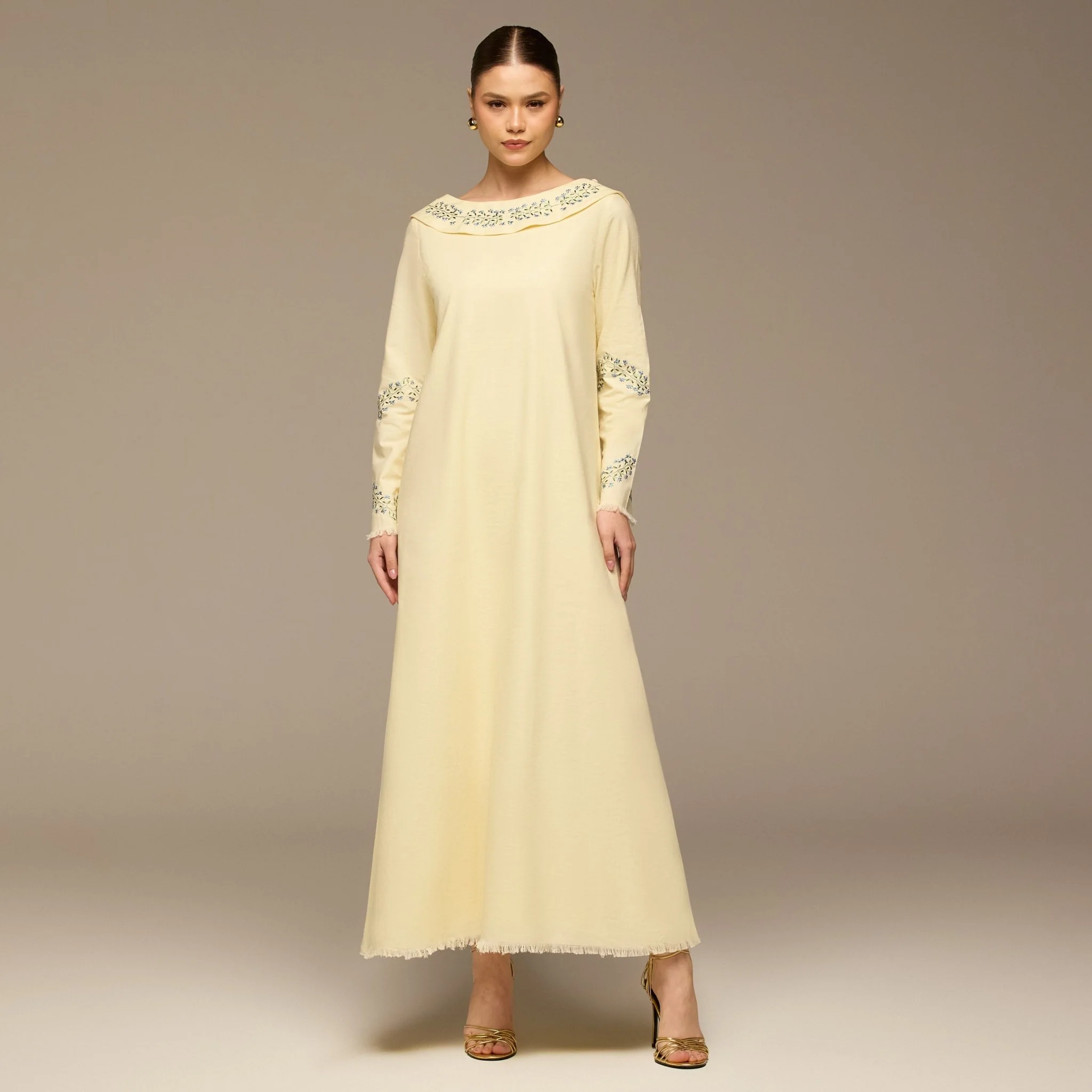 Butter Yellow Embroidered Neckline and Sleeve Linen Dress