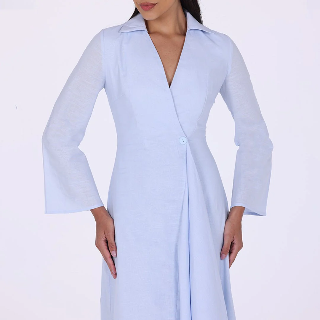 Buttoned Wrap Linen Shirt Dress - Image 8
