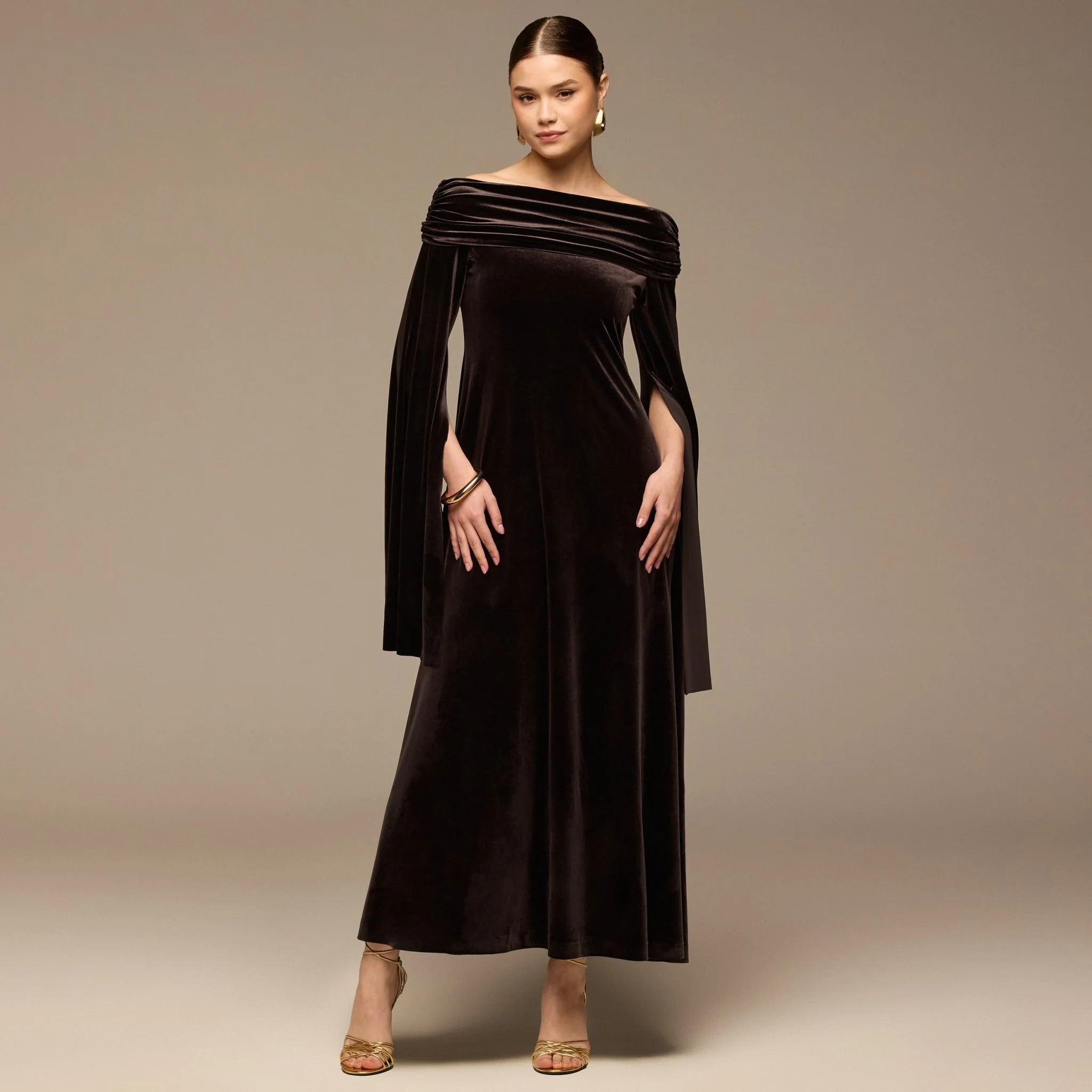 Dark Brown Off-Shoulder Draped Velvet Dress