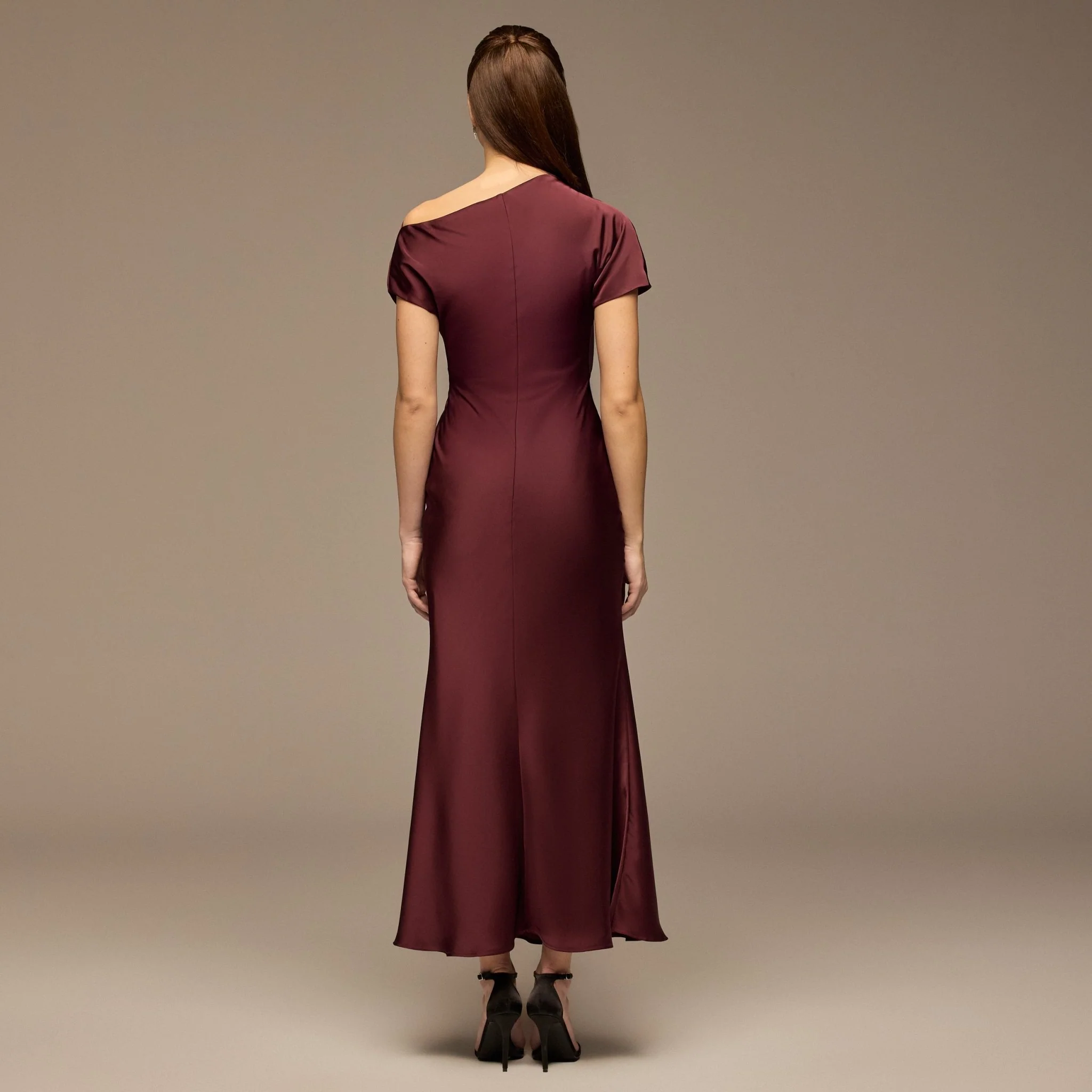 Dark Plum Draped Neckline Satin Maxi Dress - Image 4