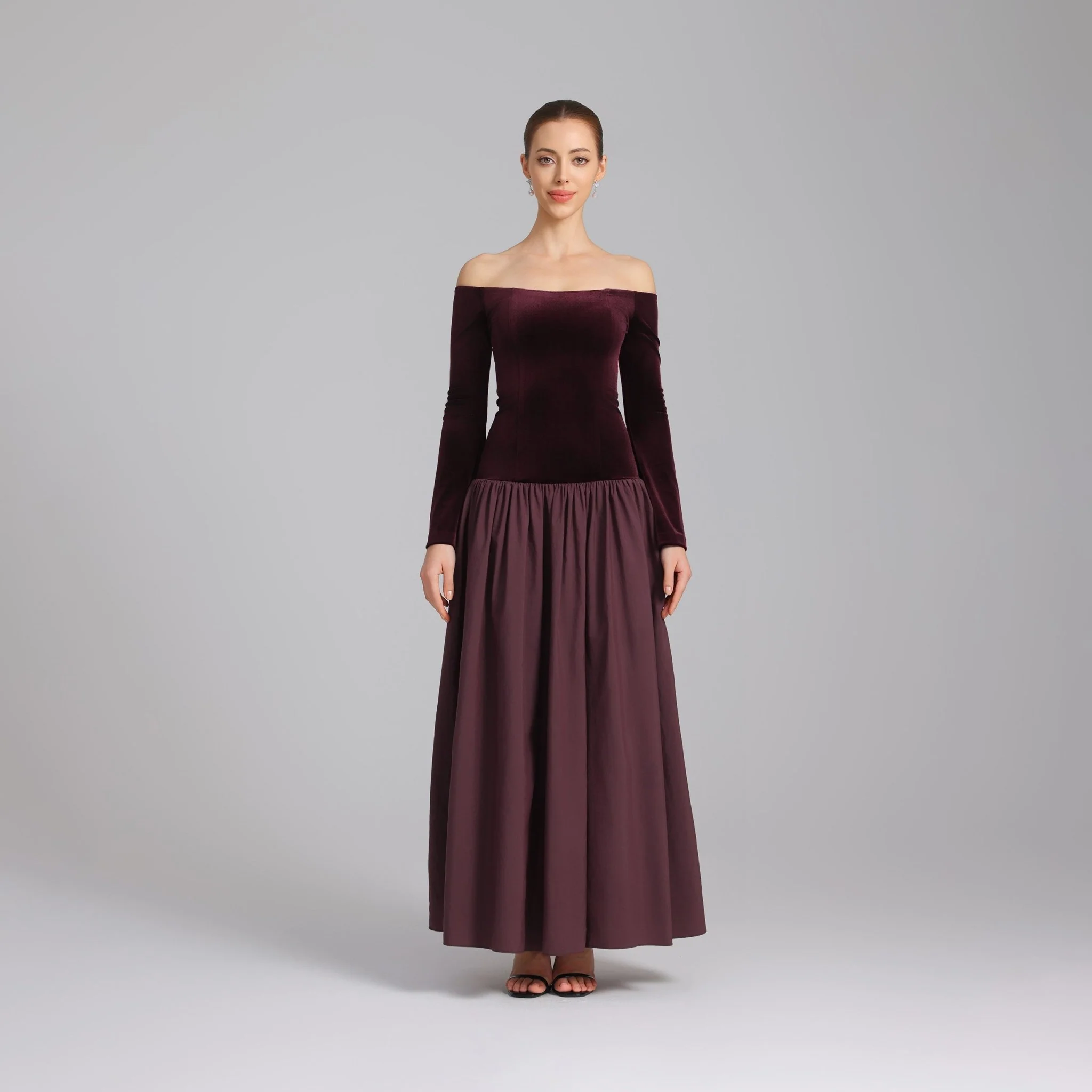 Burgundy Dropped Shoulder A-line Velvet-Taffeta Dress