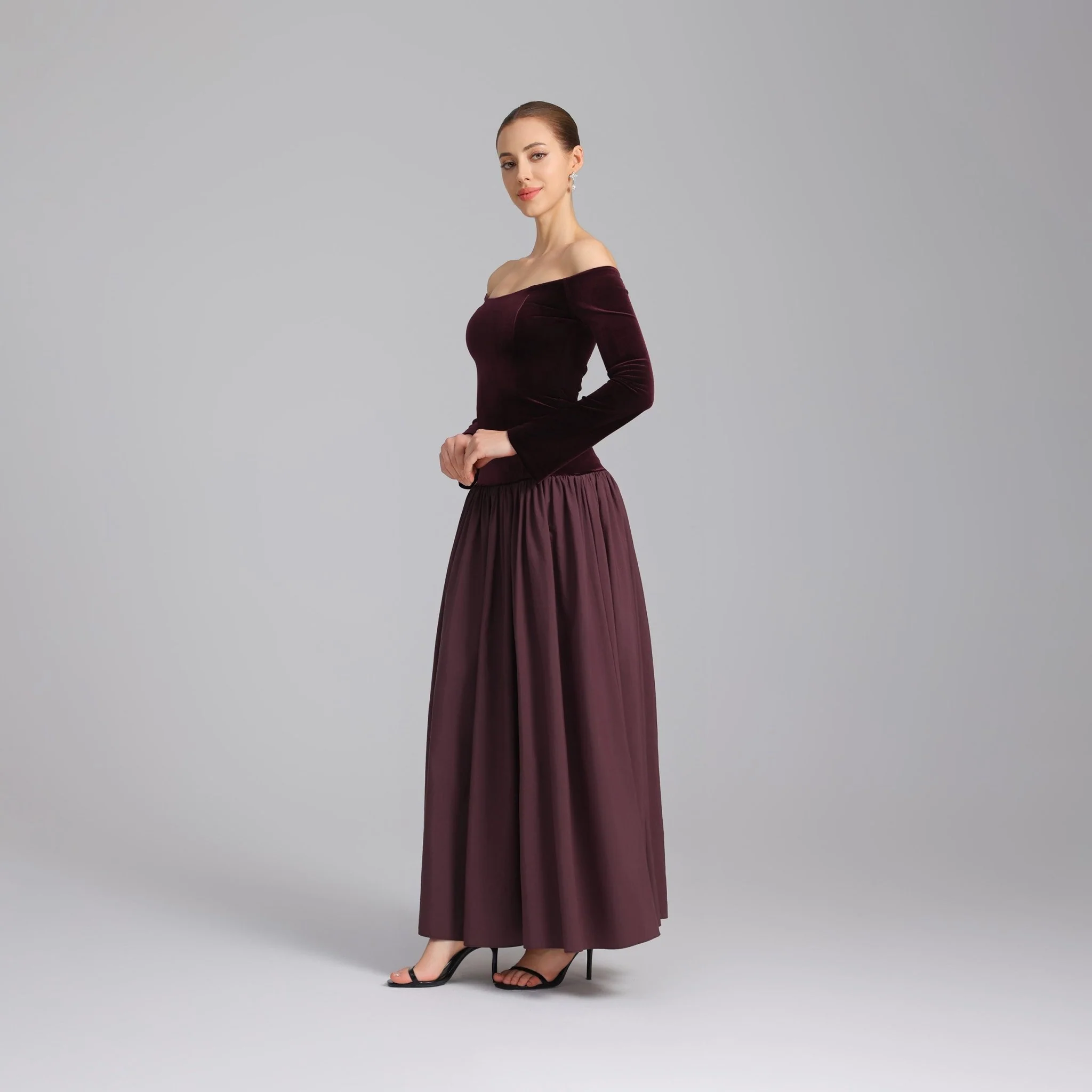 Burgundy Dropped Shoulder A-line Velvet-Taffeta Dress - Image 2