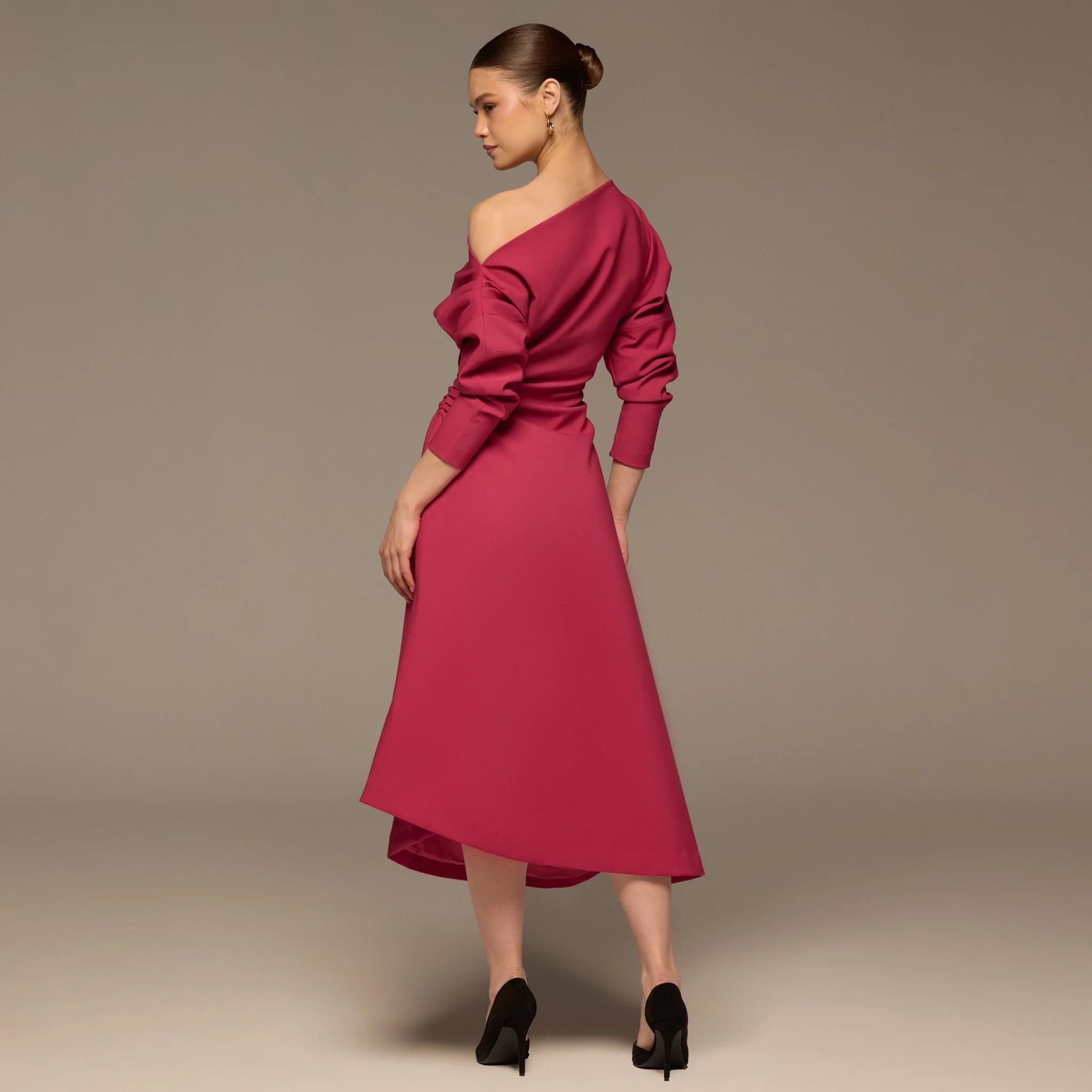 Fuchsia Asymmetric Off Shoulder Maxi Dress - Image 4