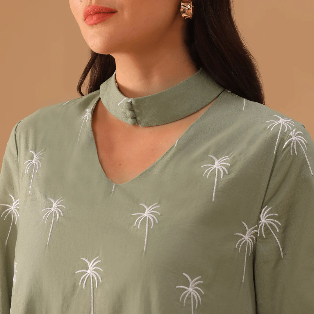 Green Fully Embroidered Long Sleeve Kaftan - Image 3
