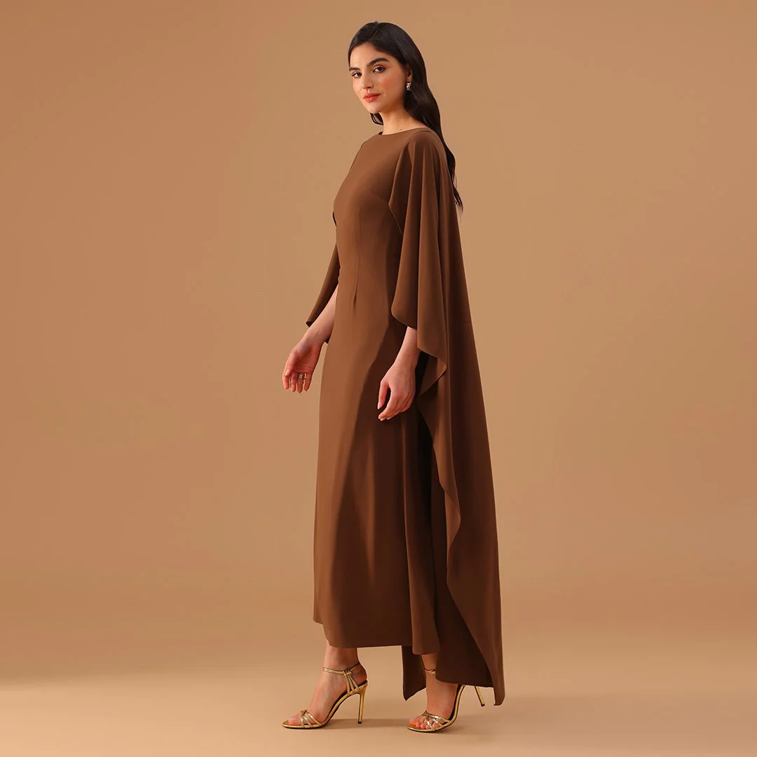 Brown Crepe Kaftan with Round Wide Neck - Image 3