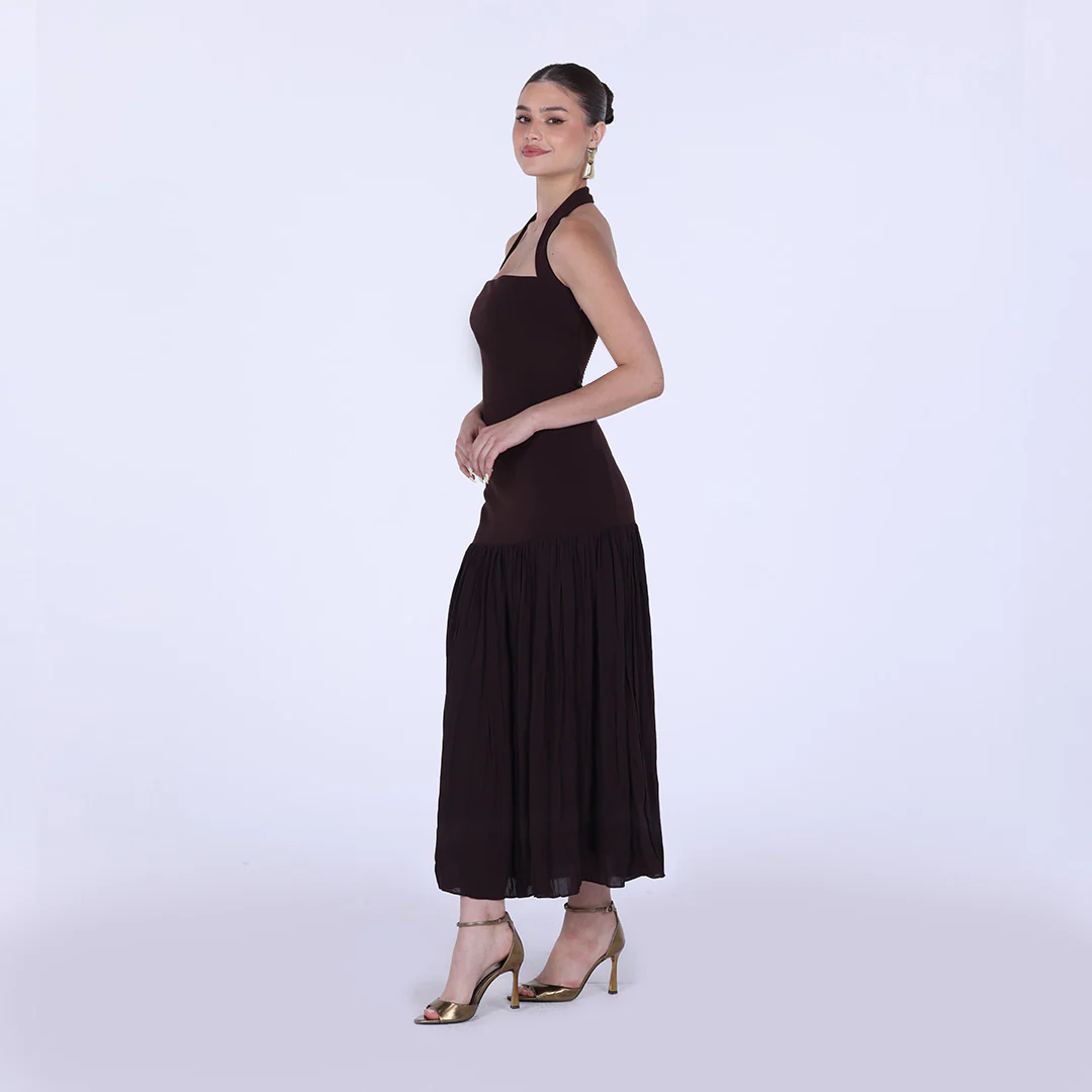 Brown Halter Straps Midi Crepe Dress - Image 2