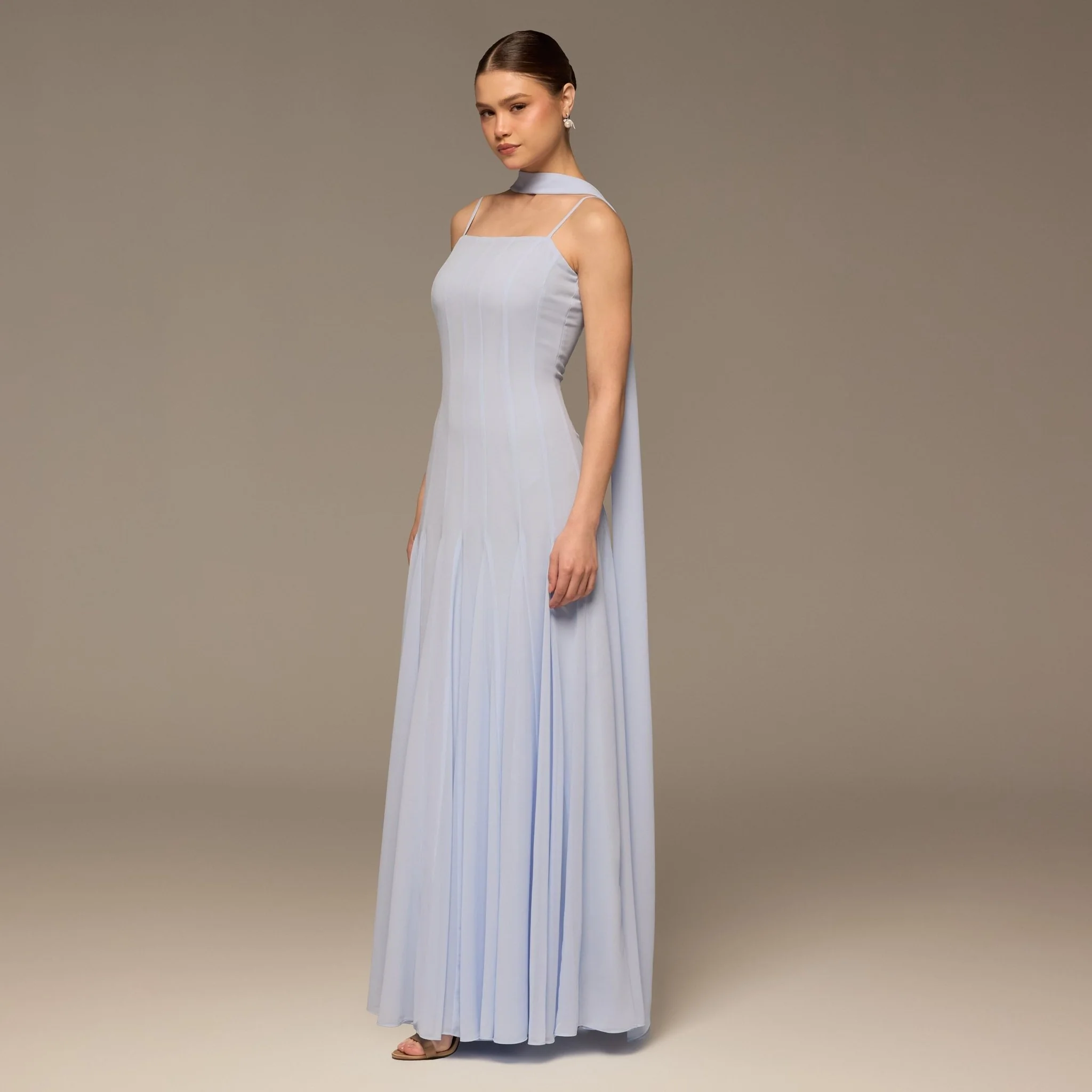 Light Blue Square Neck Maxi Dress with Scarf Detail - Image 2