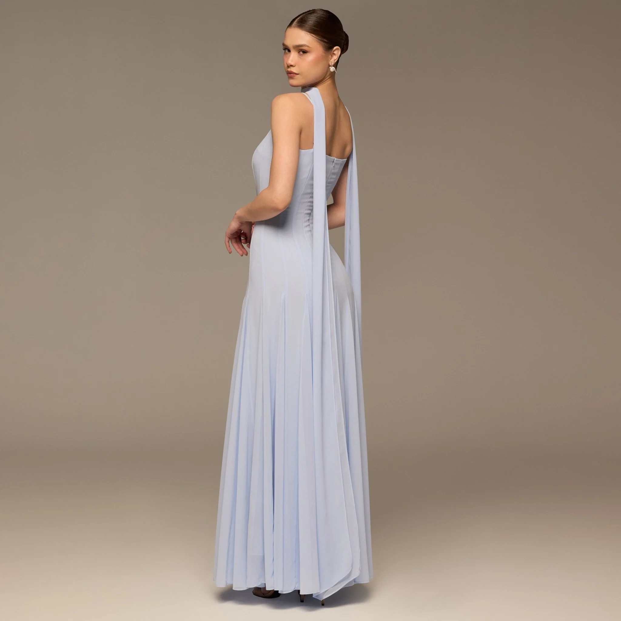 Light Blue Square Neck Maxi Dress with Scarf Detail - Image 4