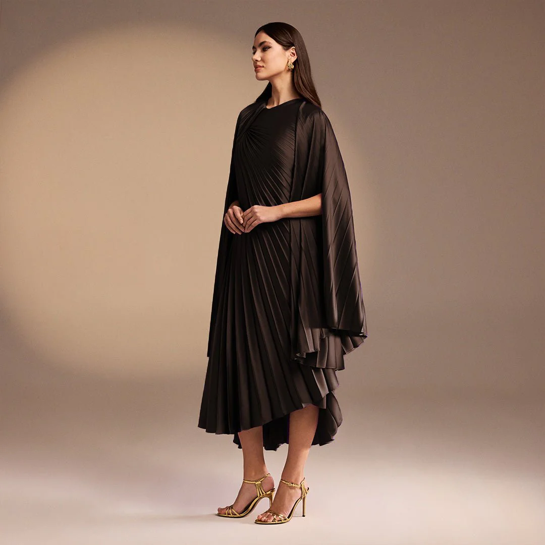 Brown Satin Pleated Cape Midi Dress - Image 5