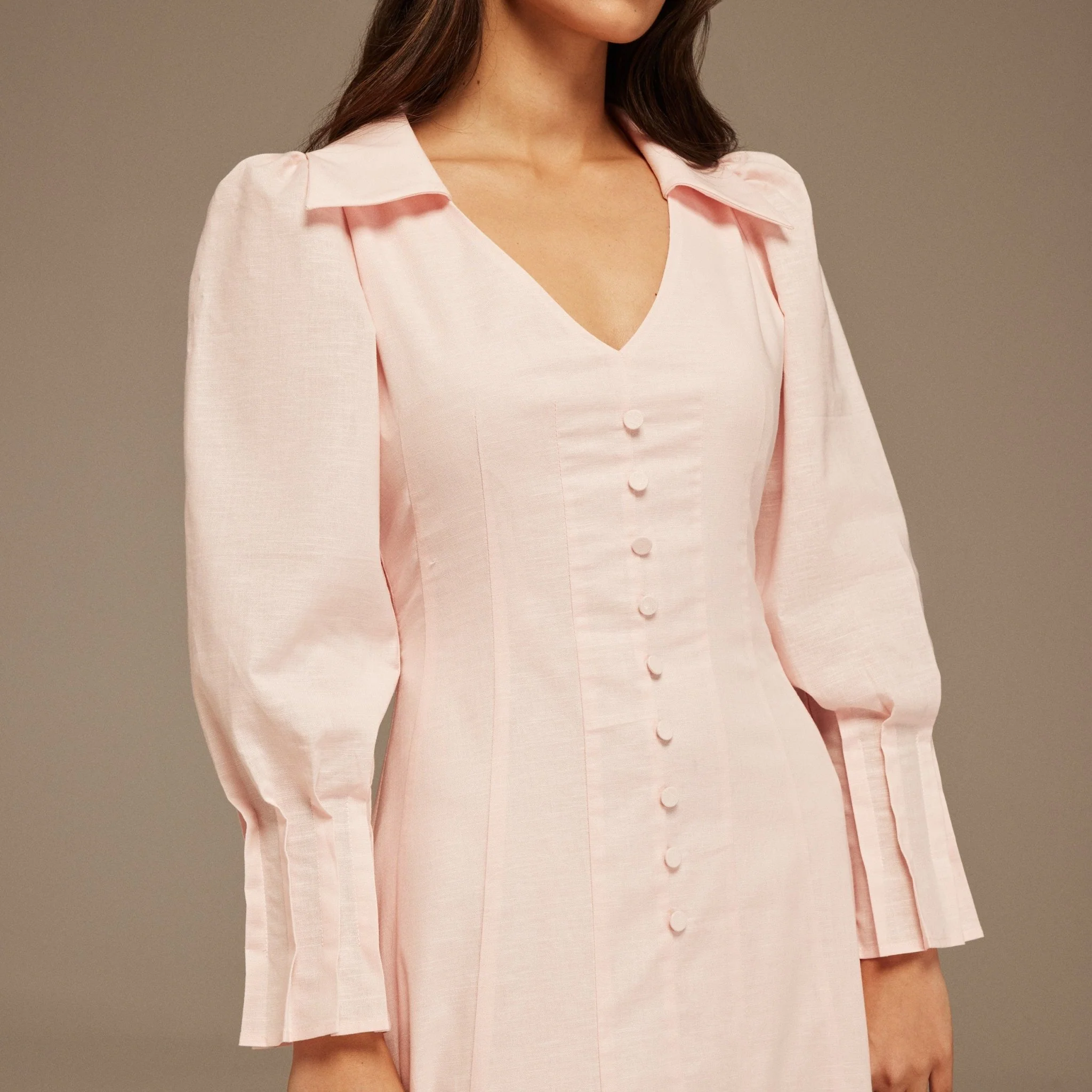 Light Pink Linen Long Sleeve Shirt Dress - Image 3