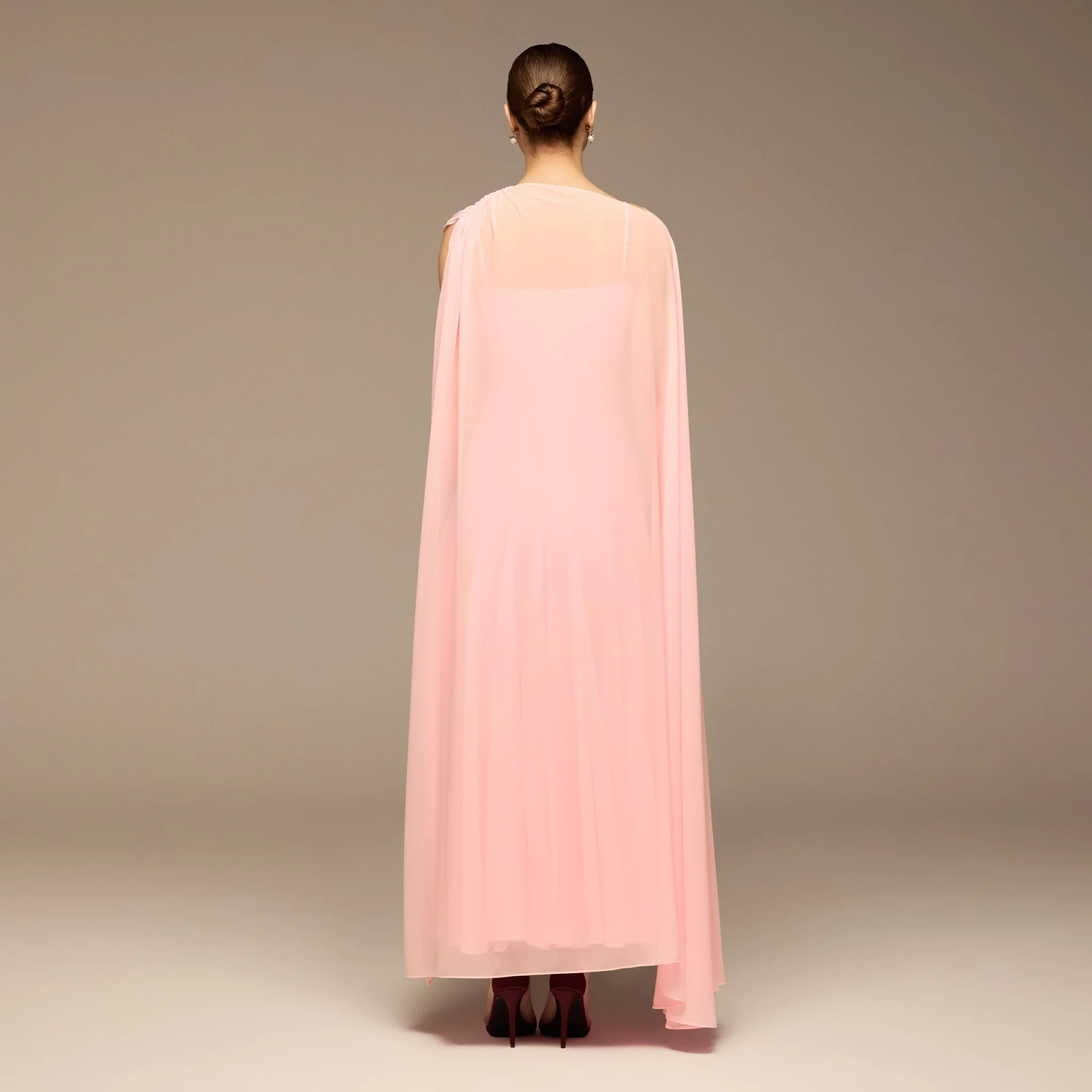 Light Pink Spaghetti Strap Maxi Dress with Sheer Chiffon Cape - Image 5