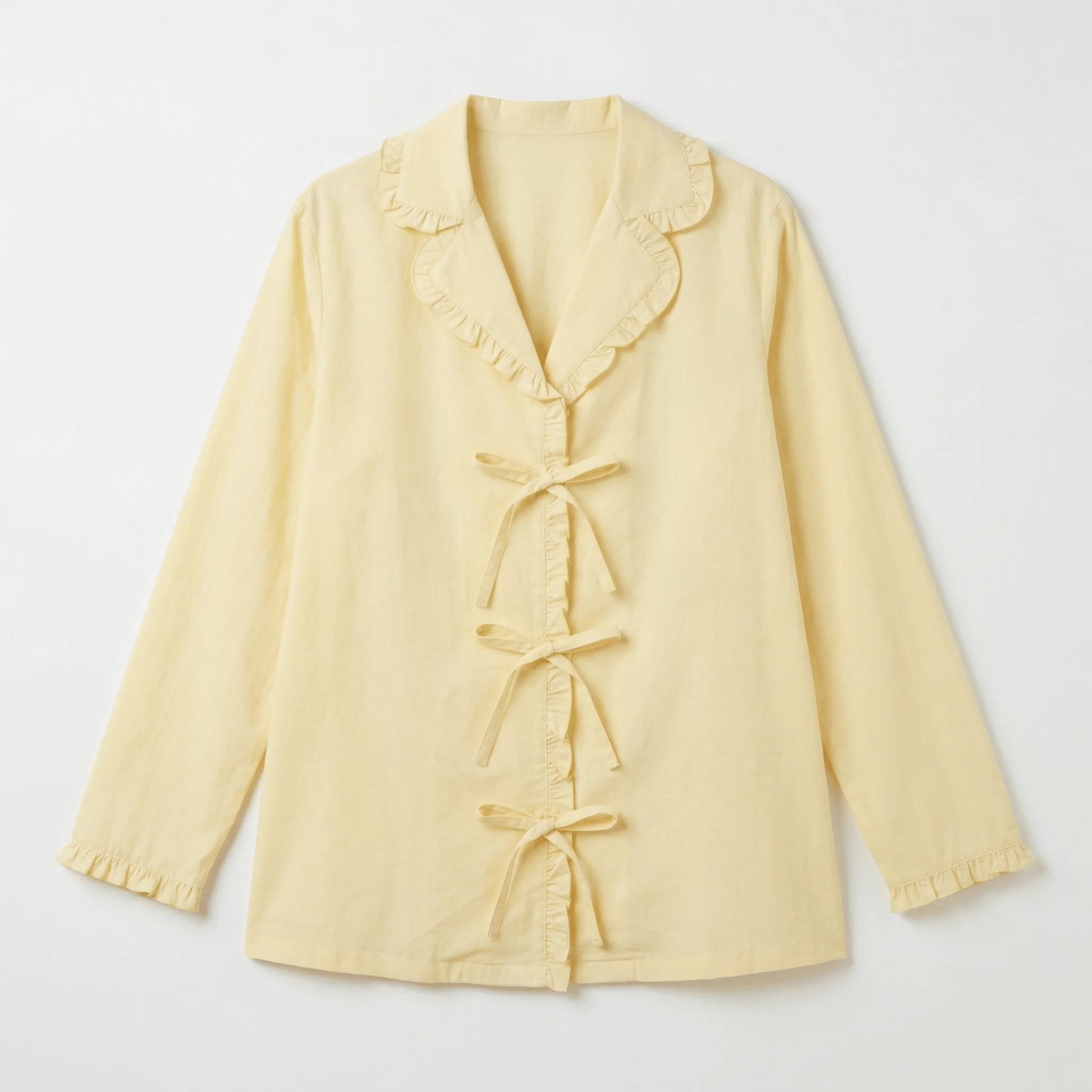 100% Cotton Light Yellow Ruffles and Bow Shirt - Image 2