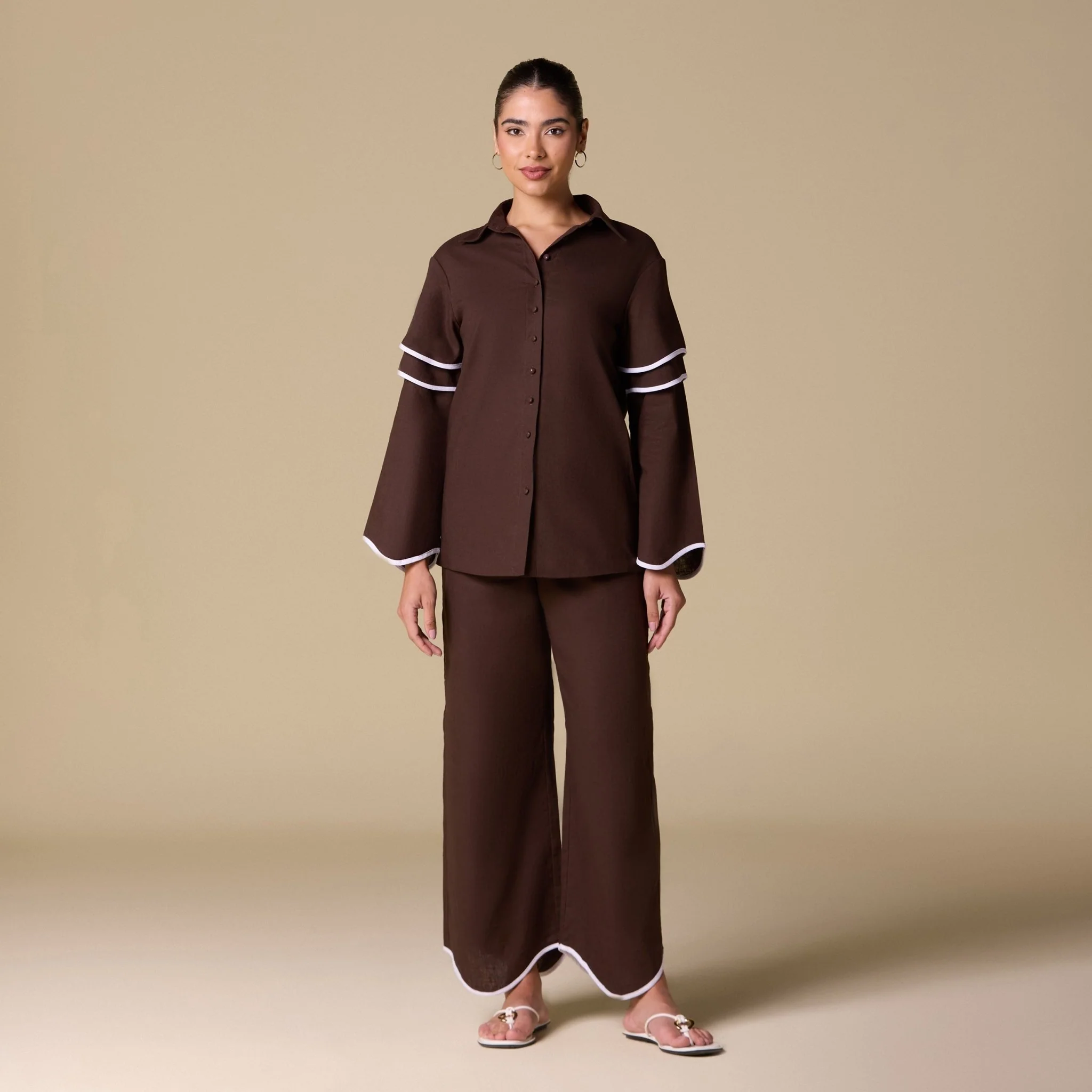 Brown Linen Piping Long Sleeve Shirt - Image 3
