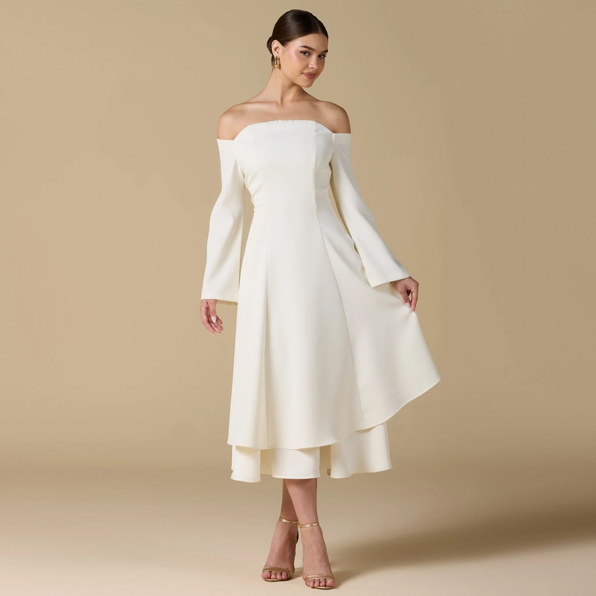 Off White Off-Shoulder Midi Dress