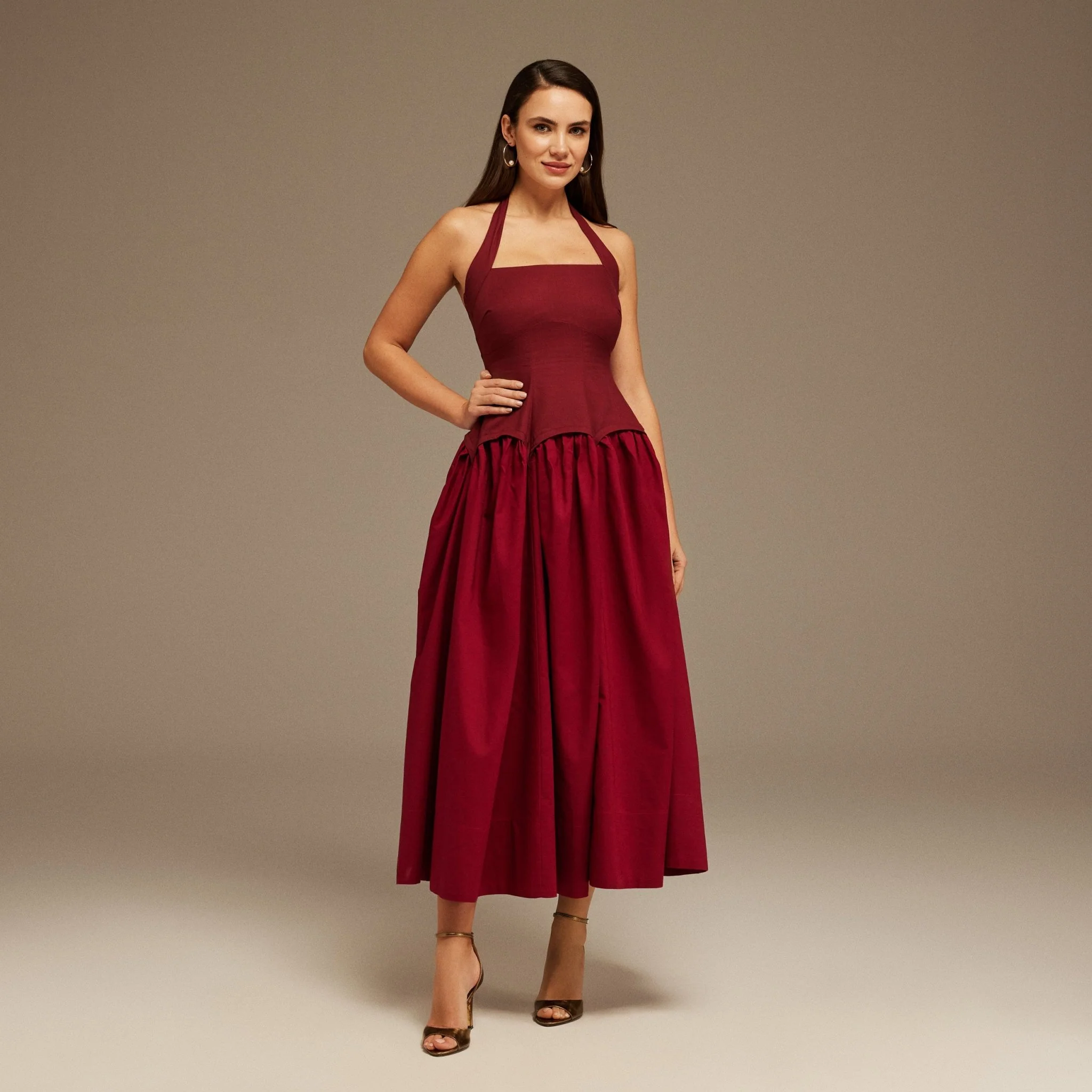 Halter Neck Gathered Waist Midi Dress