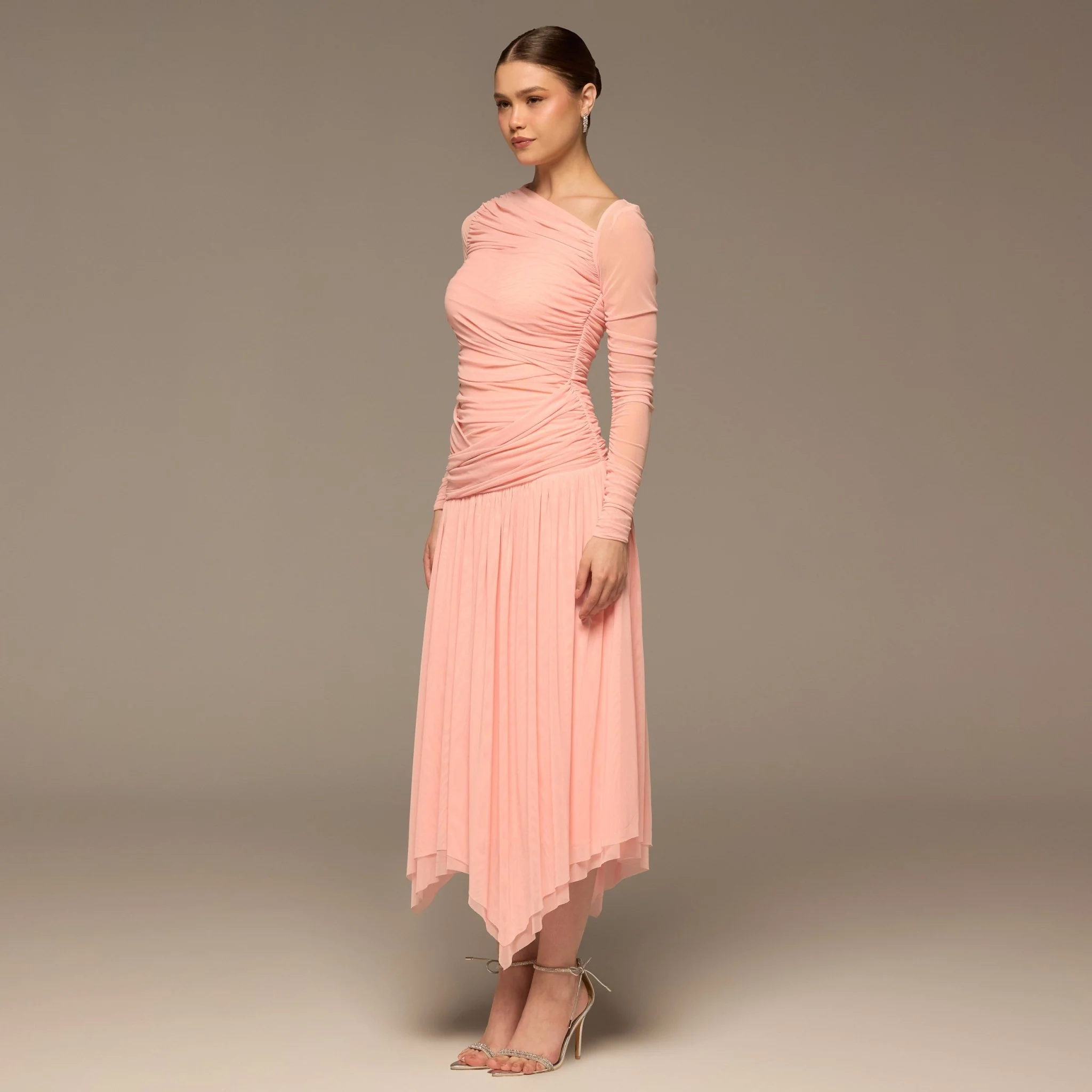Pink Asymmetric Ruched Tulle Maxi Dress - Image 2