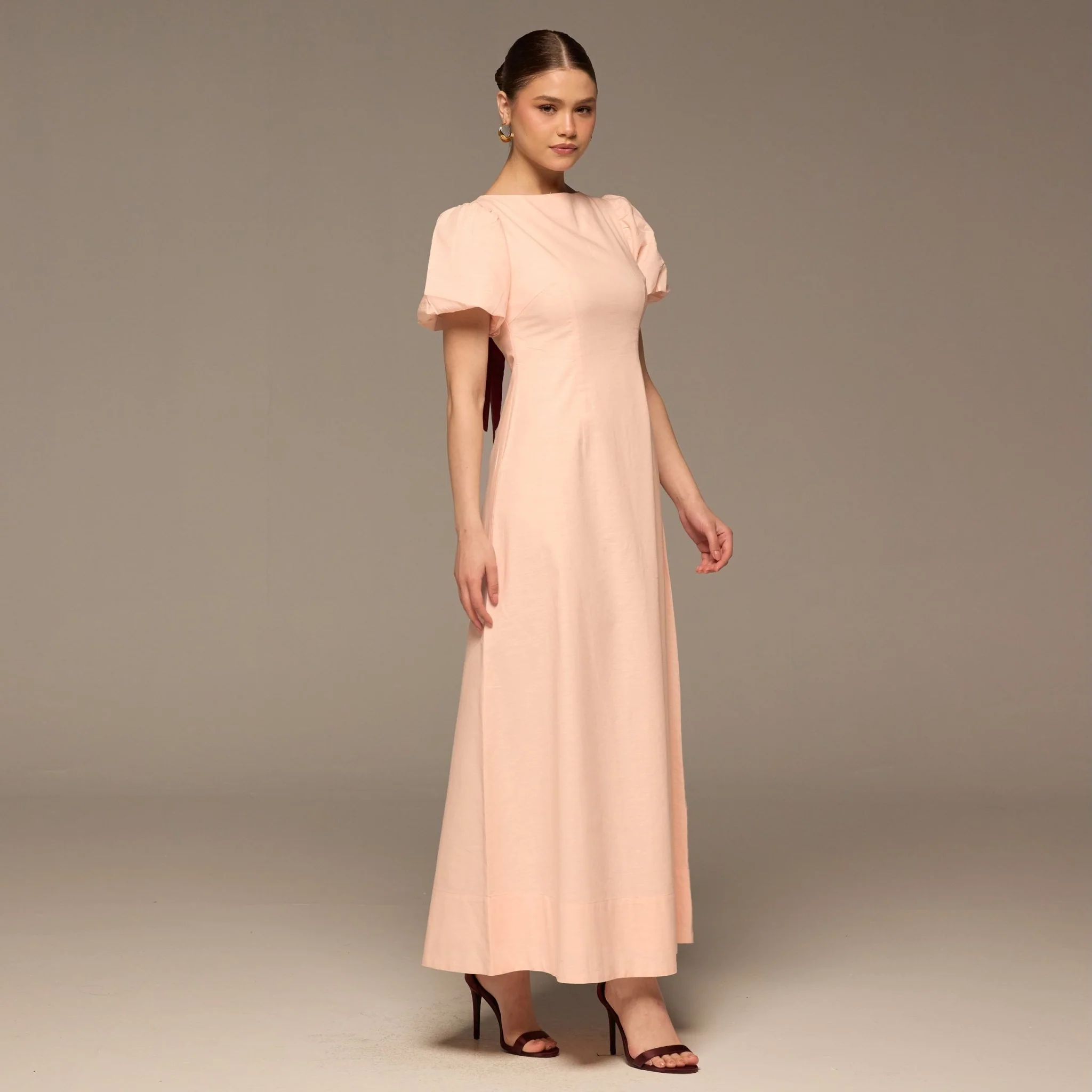 Pink Boat Neck Back Bow Maxi Dress