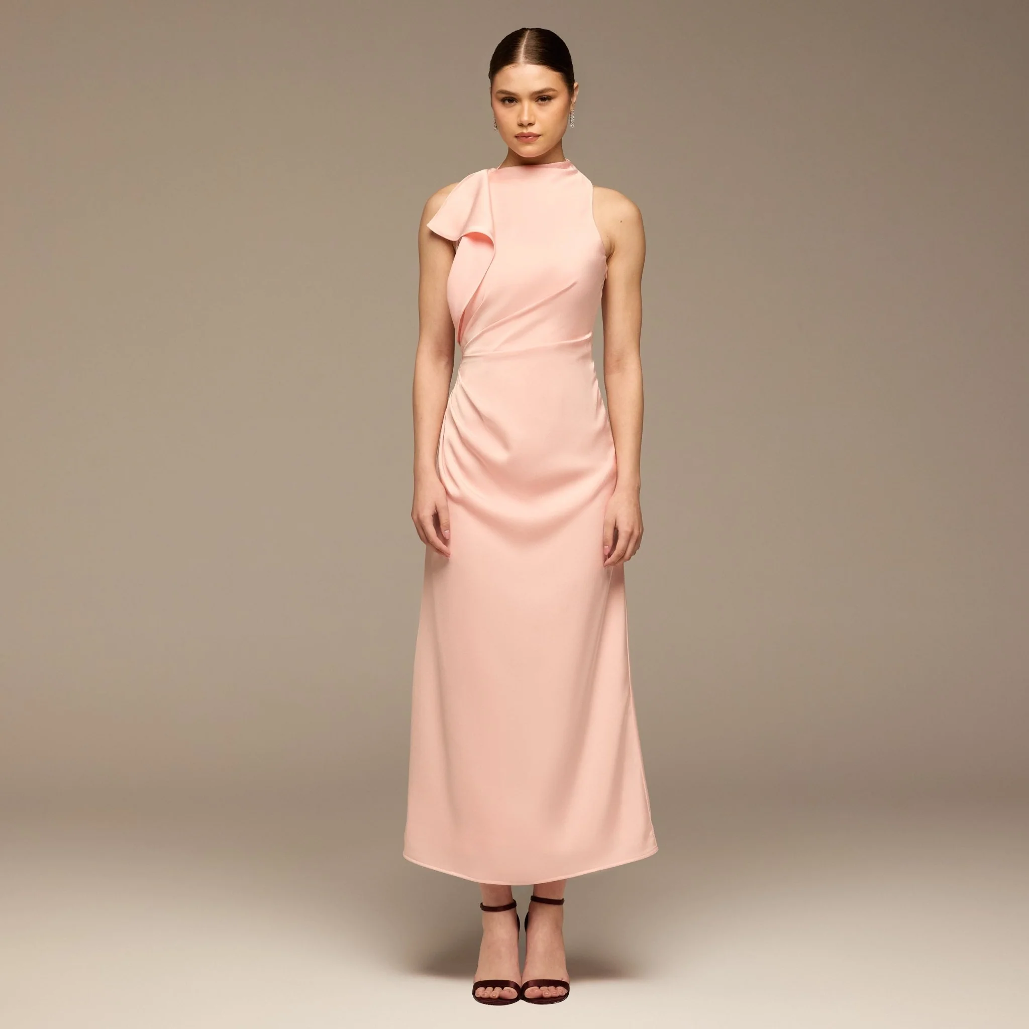 Pink Crepe Satin Draped Maxi Dress
