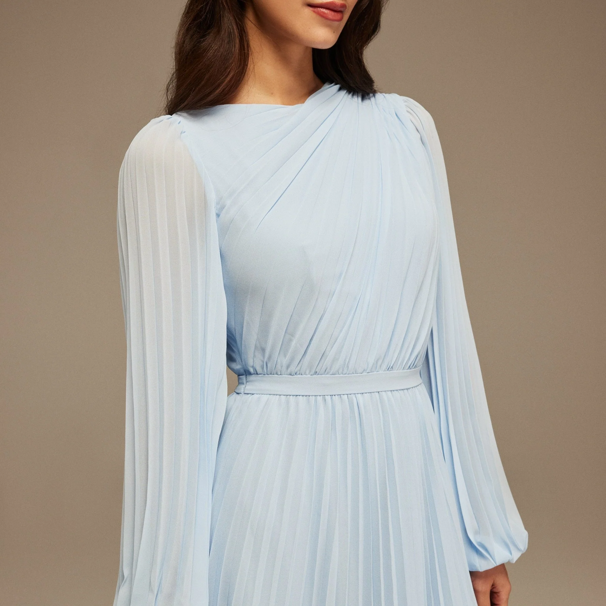 Light Blue Pleated Long Sleeve Maxi Dress - Image 3