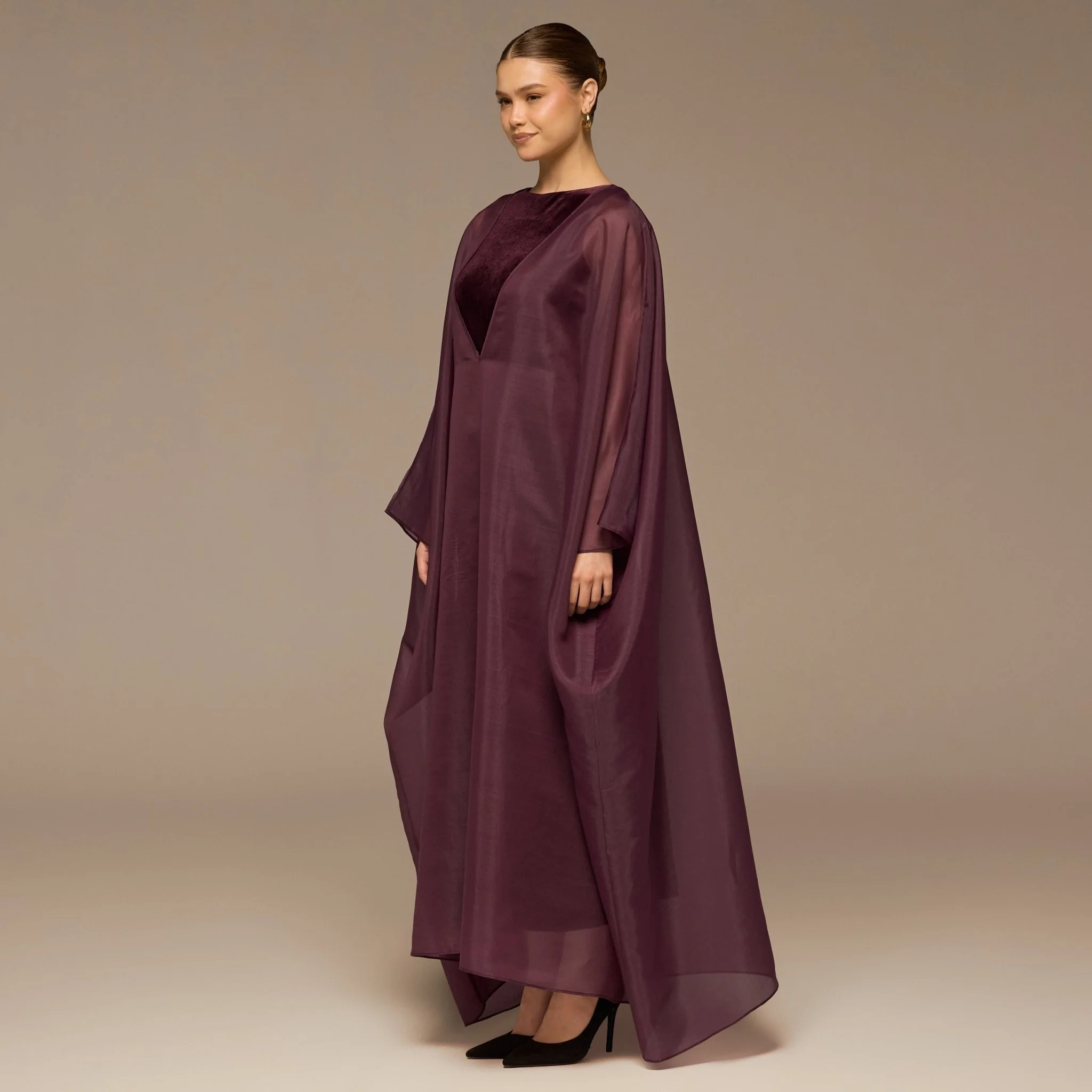 Purple Velvet Dress with Sheer Organza Cape - Image 2