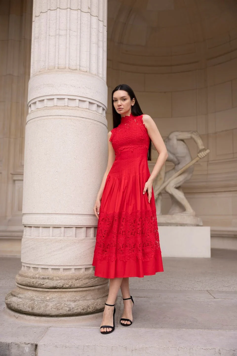 Red Lace-Paneled Cotton Midi Dress