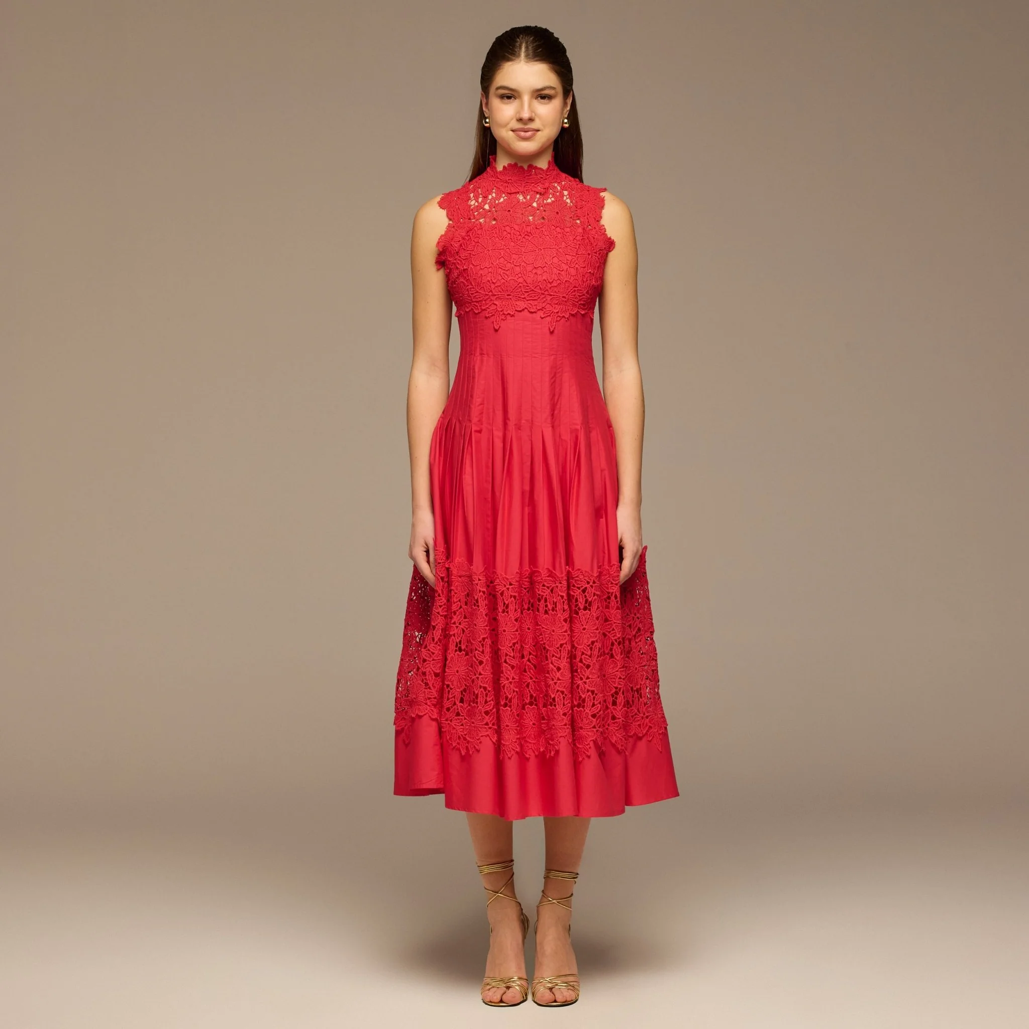 Red Lace-Paneled Cotton Midi Dress - Image 2