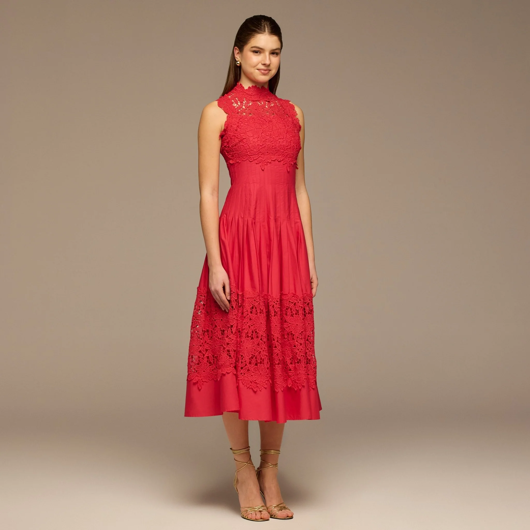 Red Lace-Paneled Cotton Midi Dress - Image 3