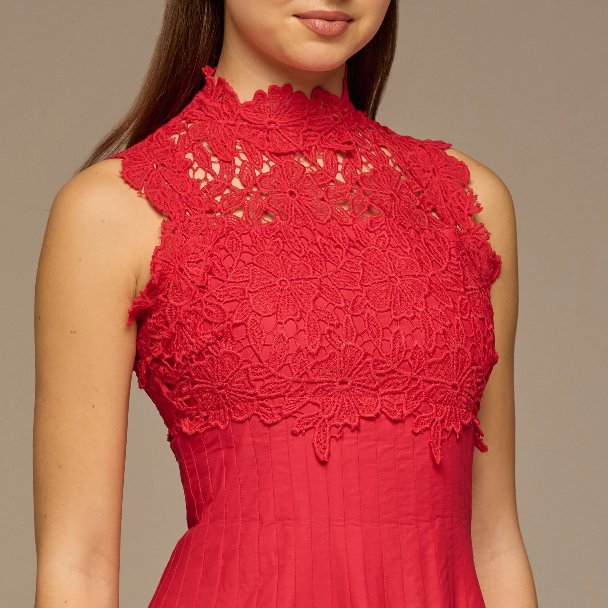 Red Lace-Paneled Cotton Midi Dress - Image 4