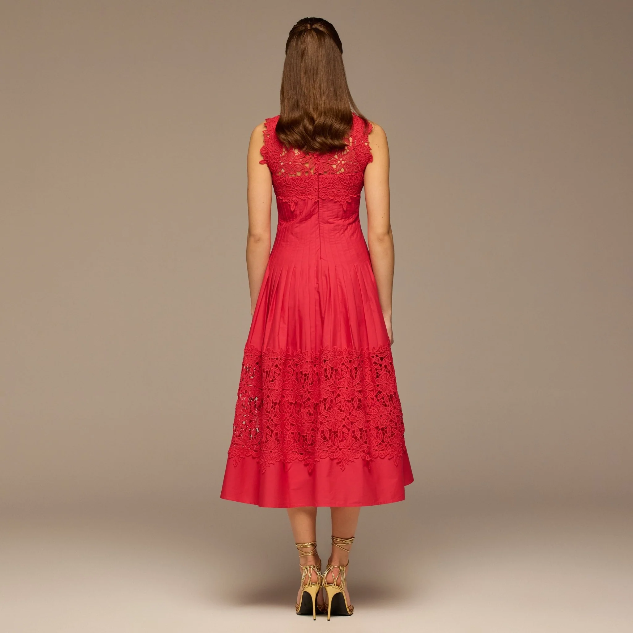 Red Lace-Paneled Cotton Midi Dress - Image 5