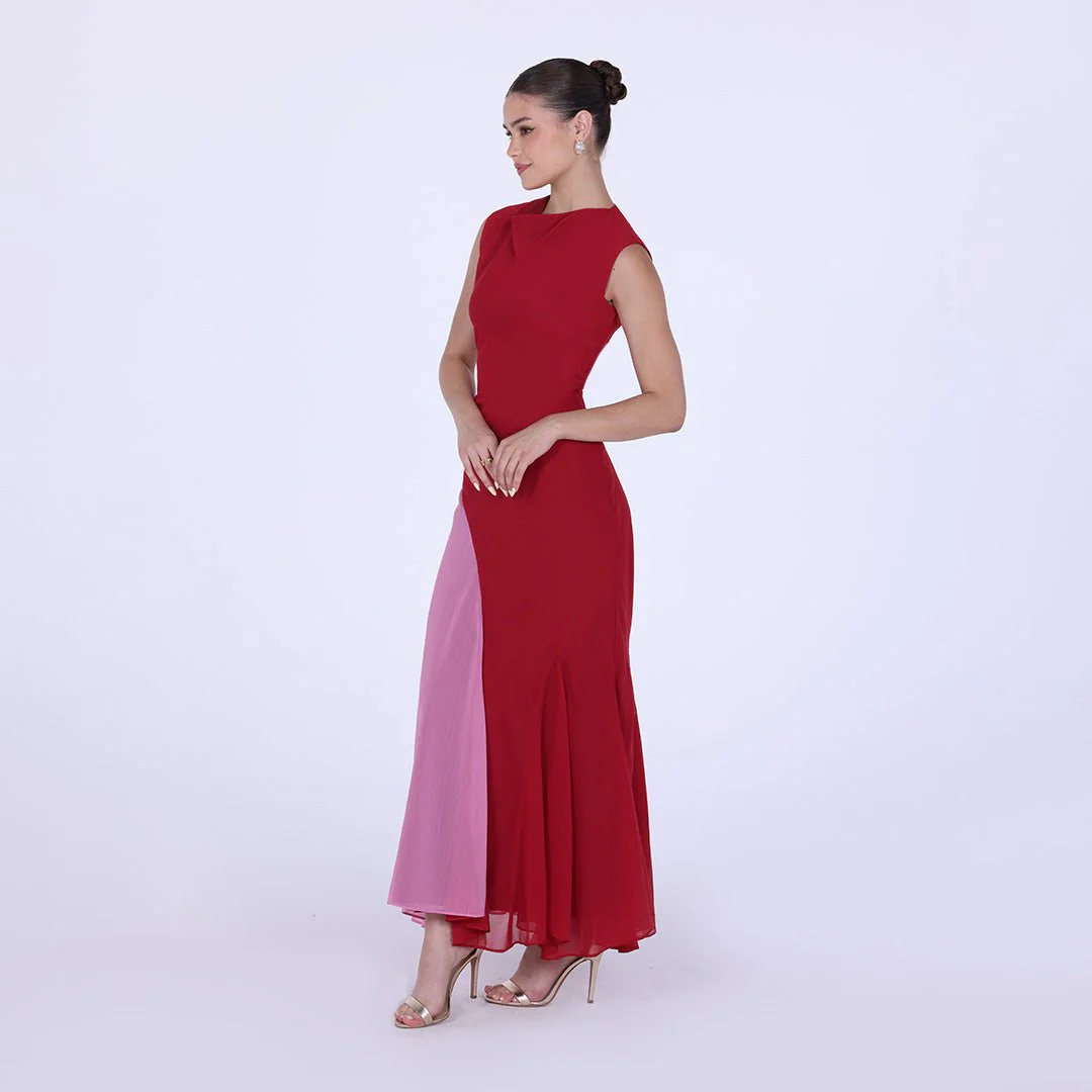 Red & Pink Two Tone High Neck Chiffon Maxi Dress - Image 2