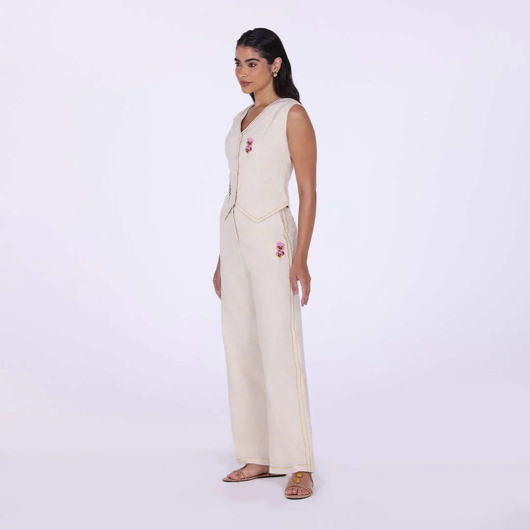 Beige Sleeveless Embroidered Linen V-Neck Vest - Image 3