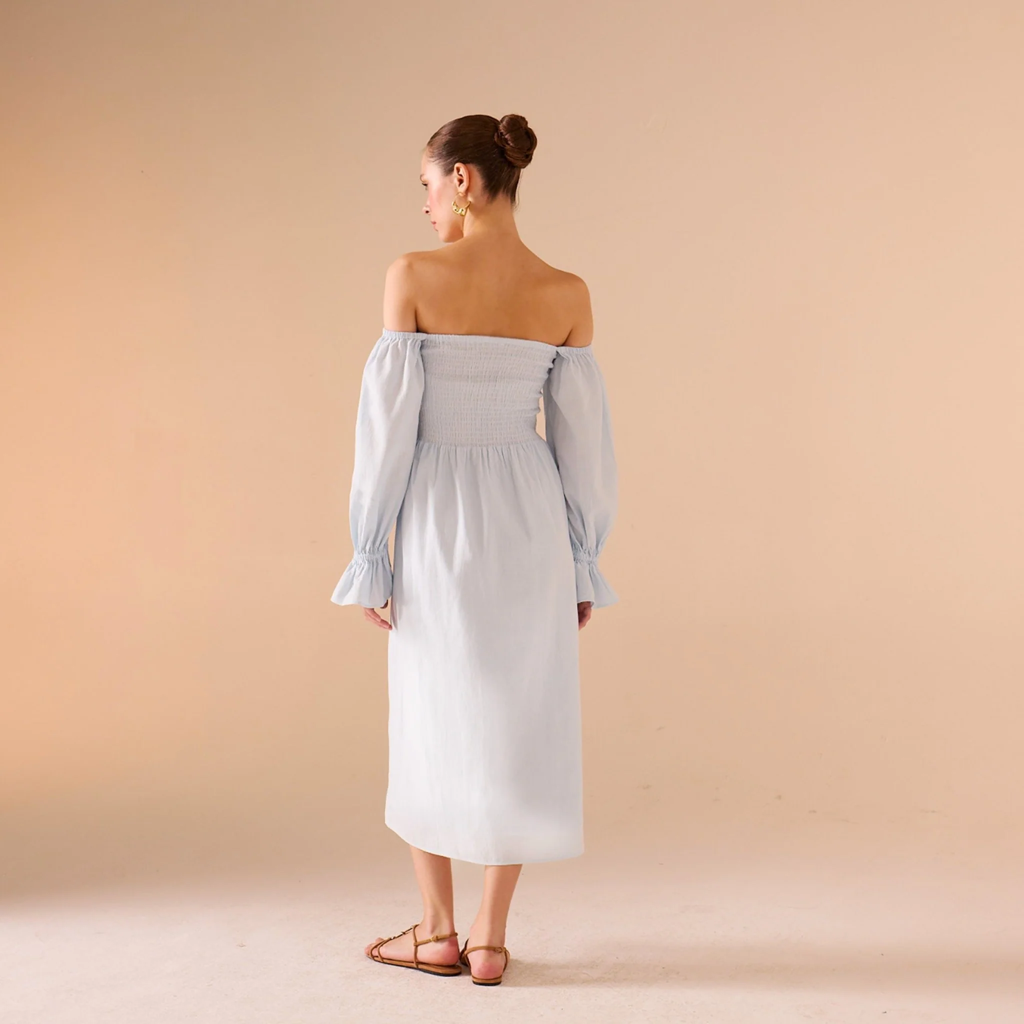 Smocked-Bodice Poet-Sleeve Midi Dress in Linen Cotton Blend - Image 8