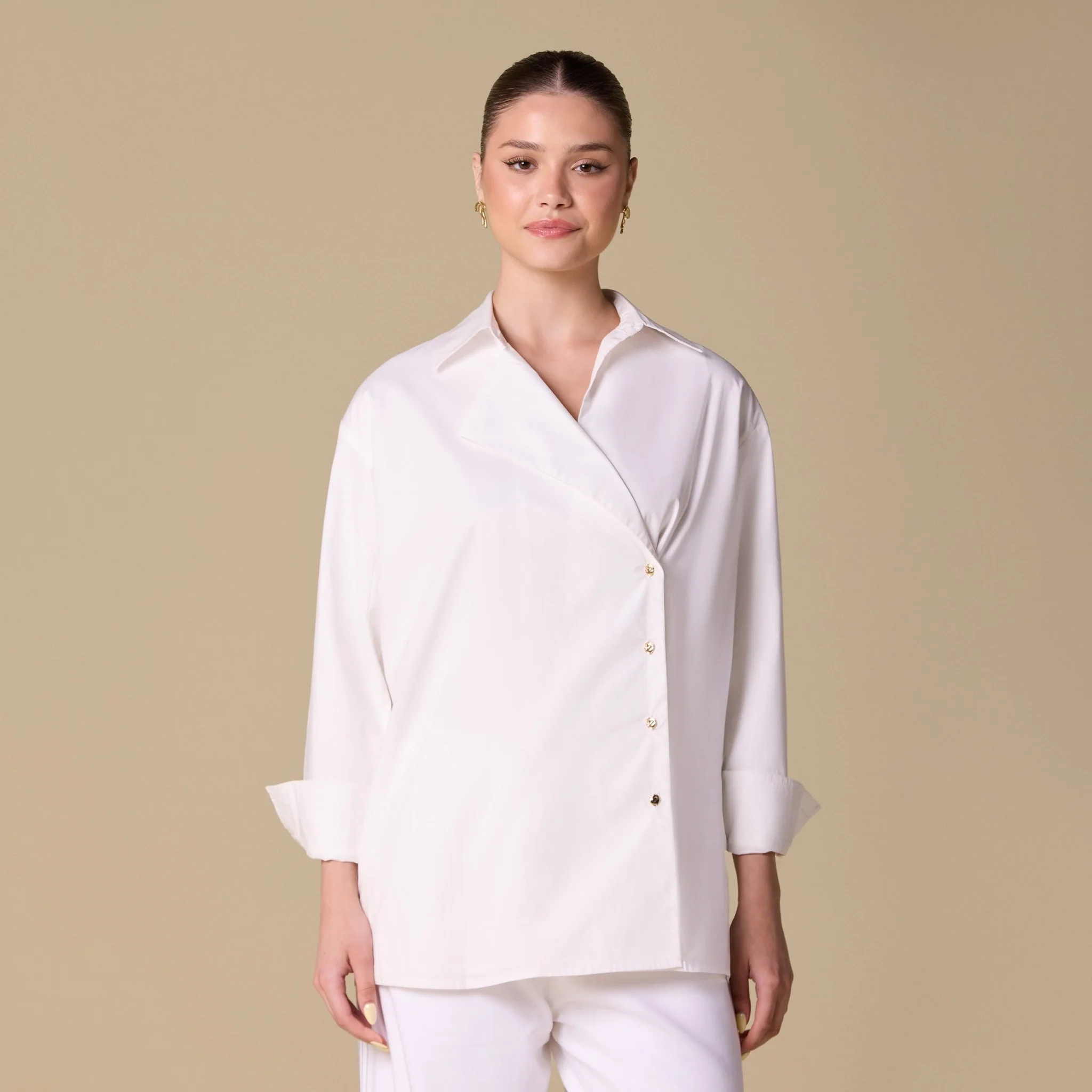 White Structured Poplin Fold Collar Blouse