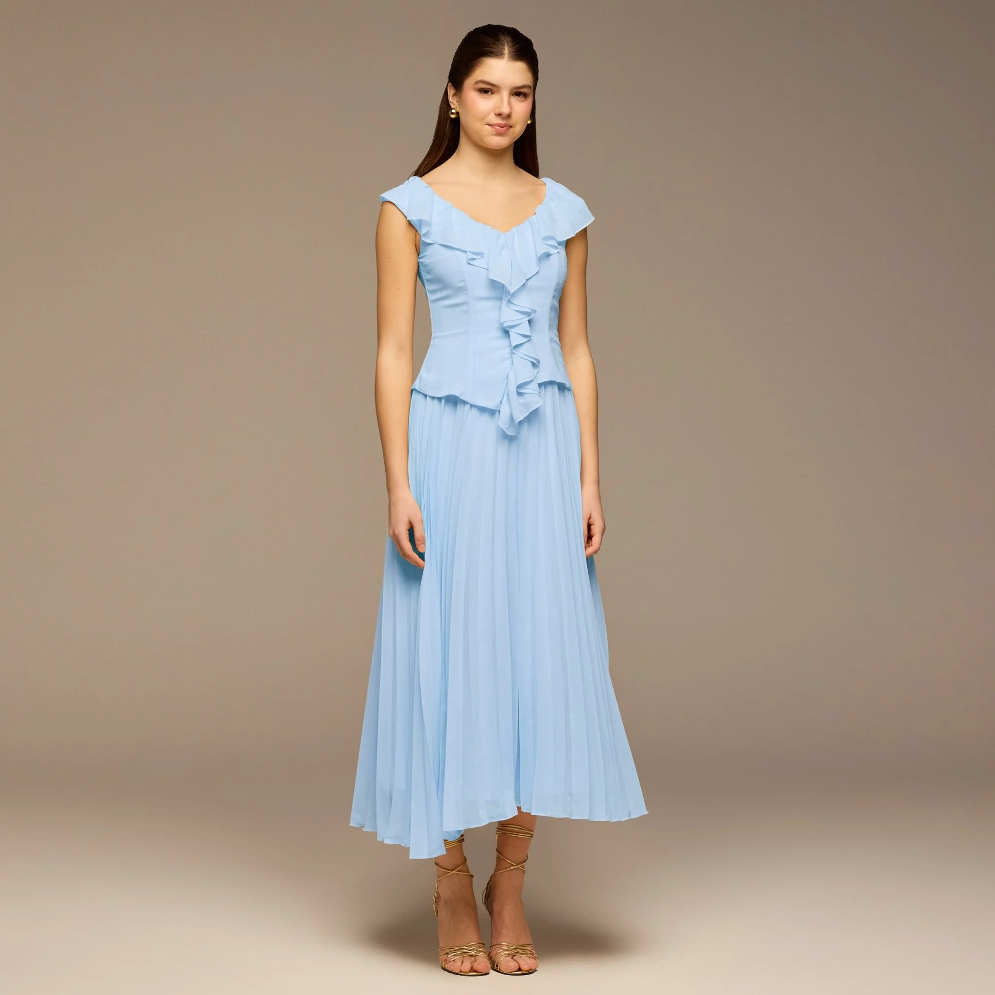 Light Blue Ruffle Neck Pleated Chiffon Dress - Image 2