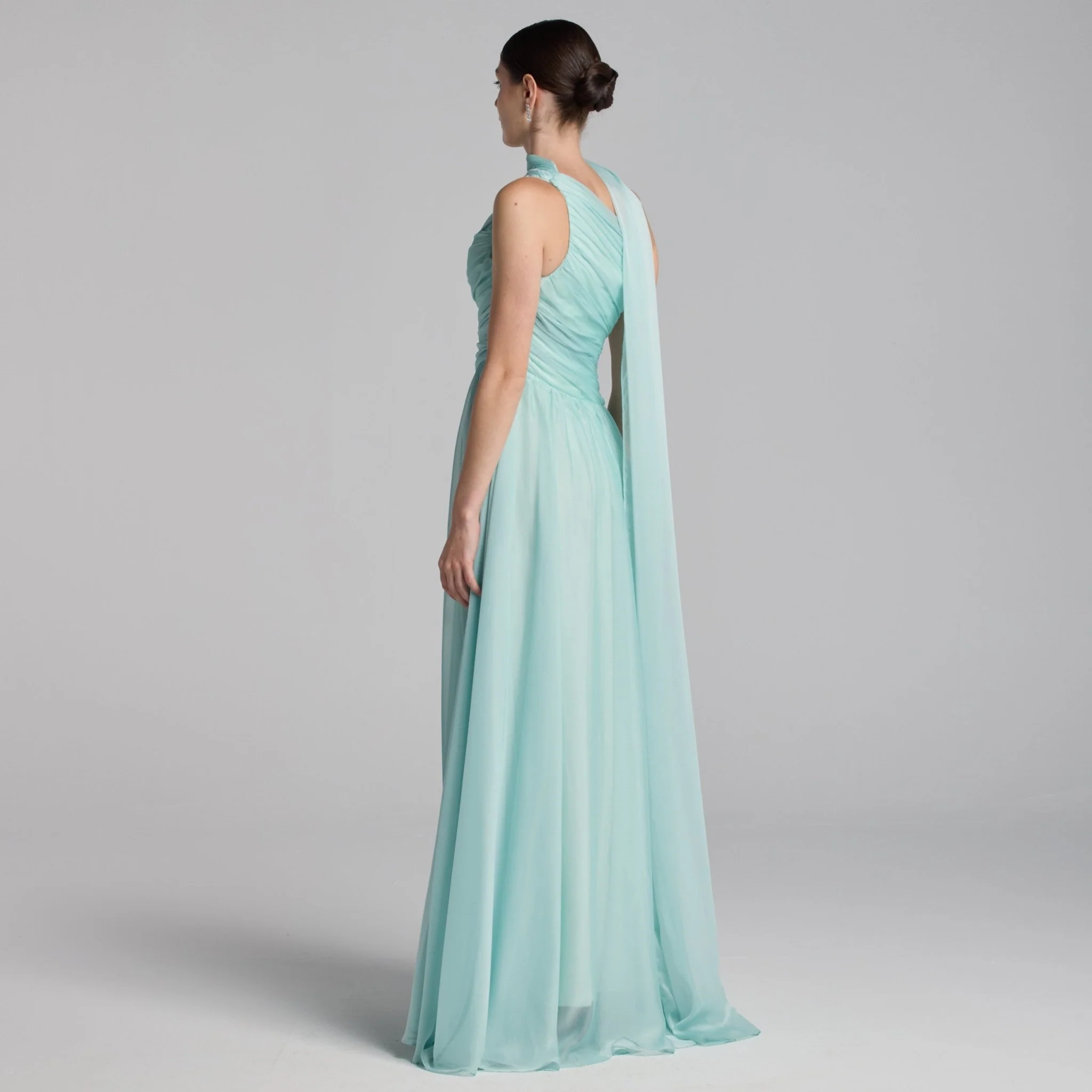 Turquoise One Shoulder Draped Chiffon Maxi Dress - Image 3