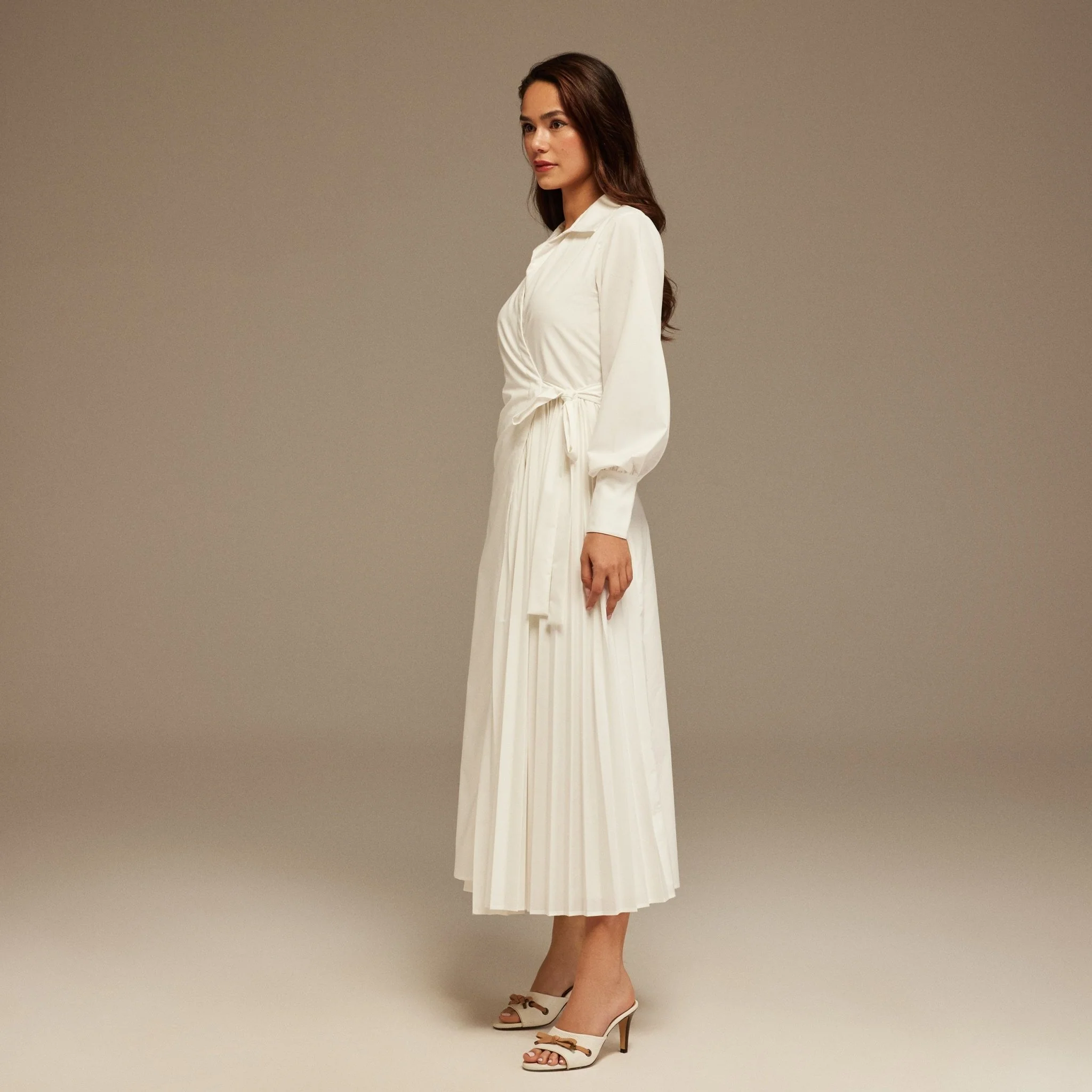 White Warped Dress Poplin With Pleats - Image 2