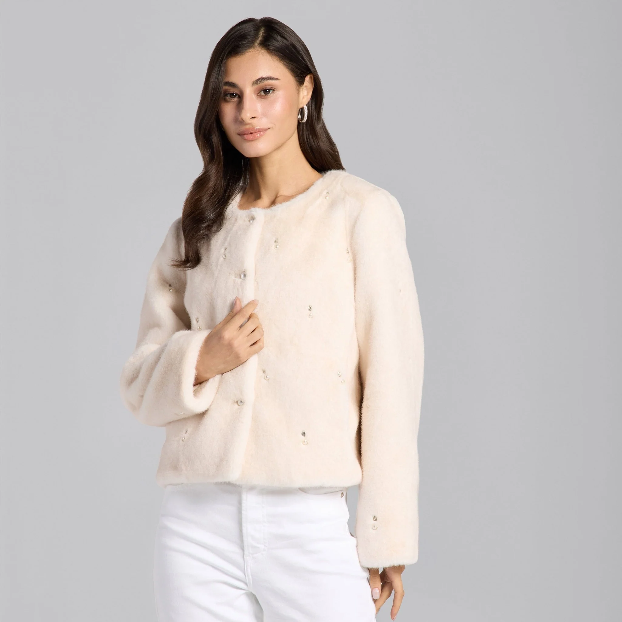 White Faux Mink Fur Pearl-Embellished Jacket - Image 2