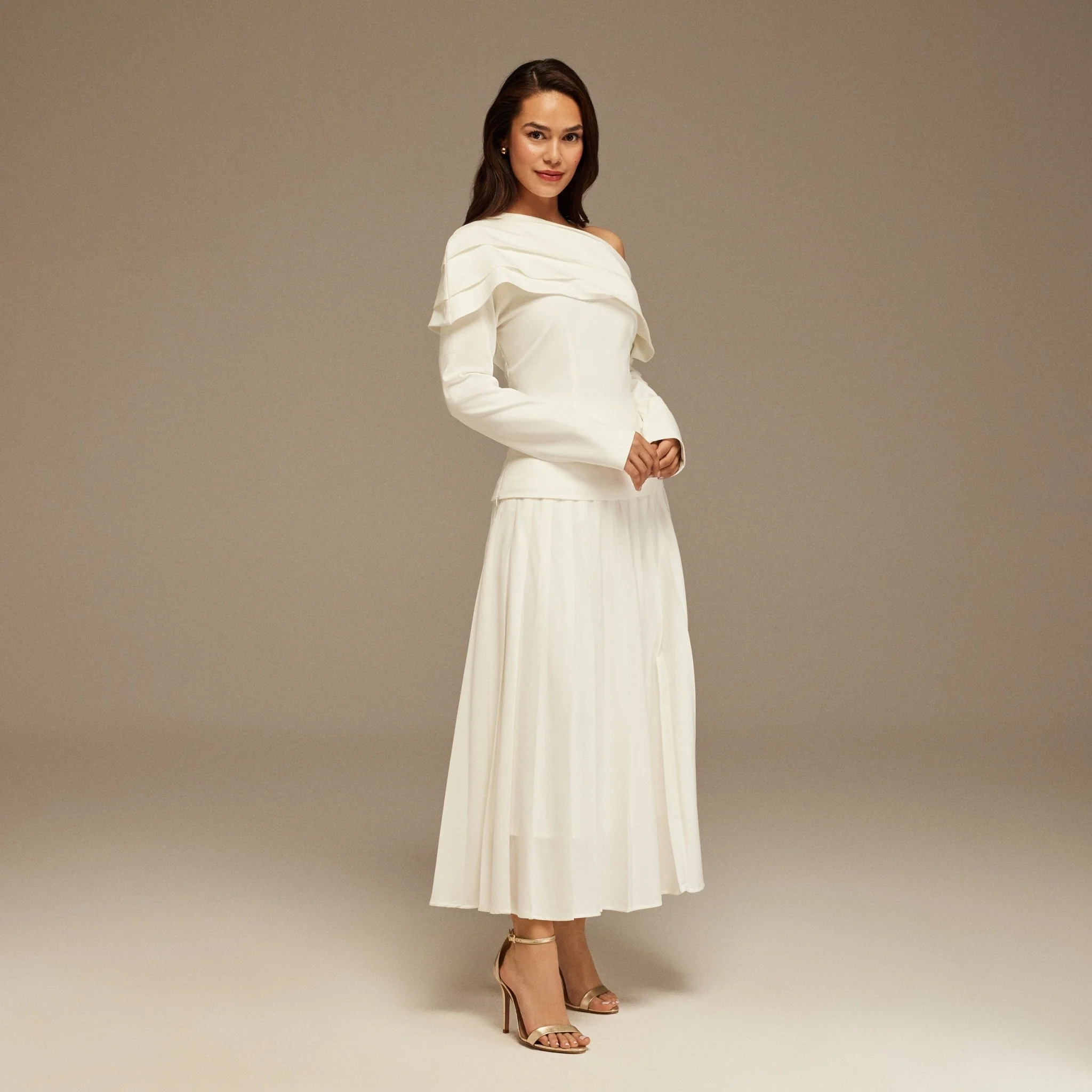 White Pleated Crepe Maxi Skirt - Image 3